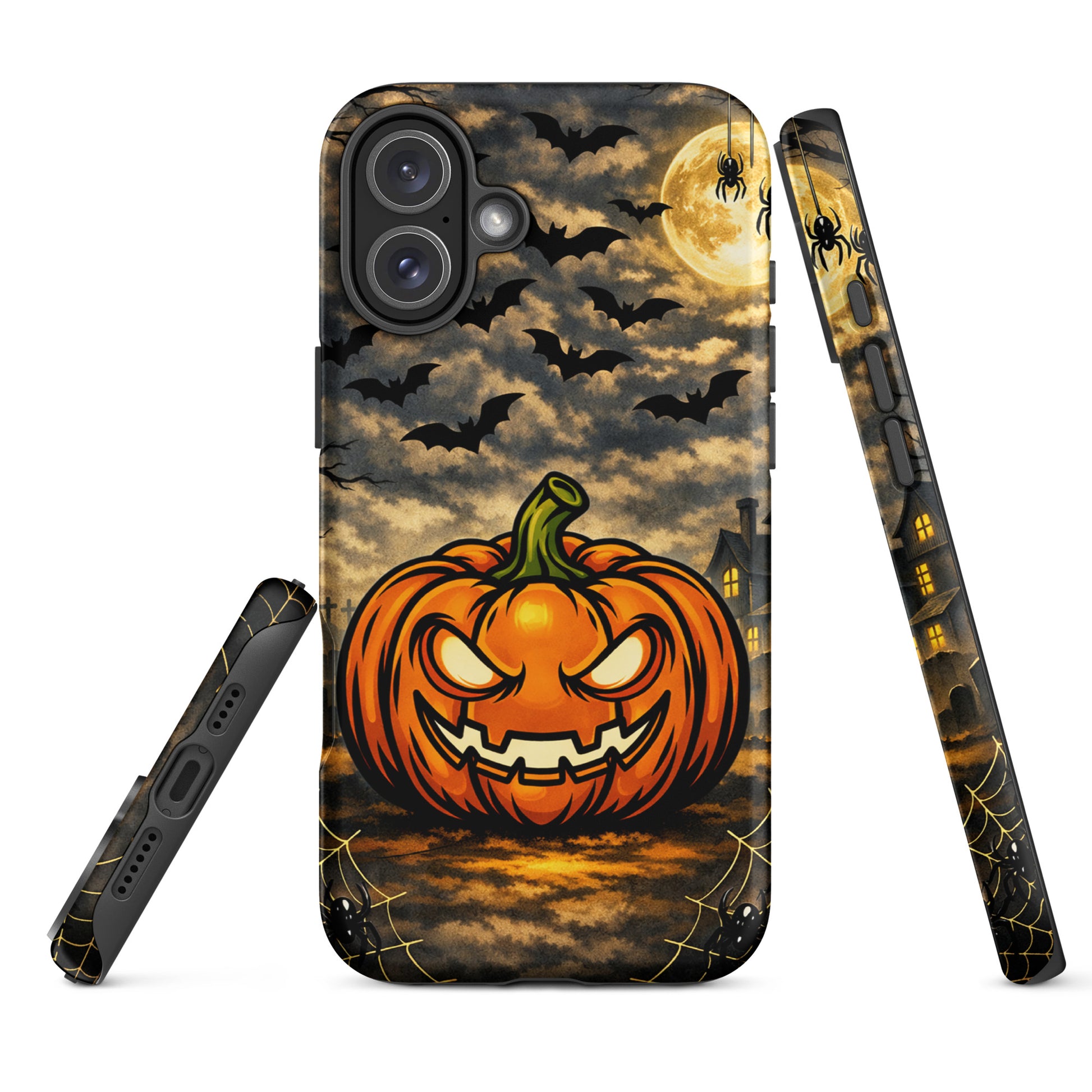 Phone Case featuring Halloween pumpkin, bats, haunted house, and moonlit sky design for iPhone.