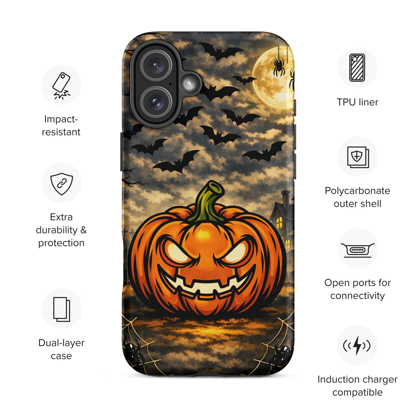 Phone Case featuring Haunted Pumpkin with Moonlit Halloween Scene, bats, and haunted house design.