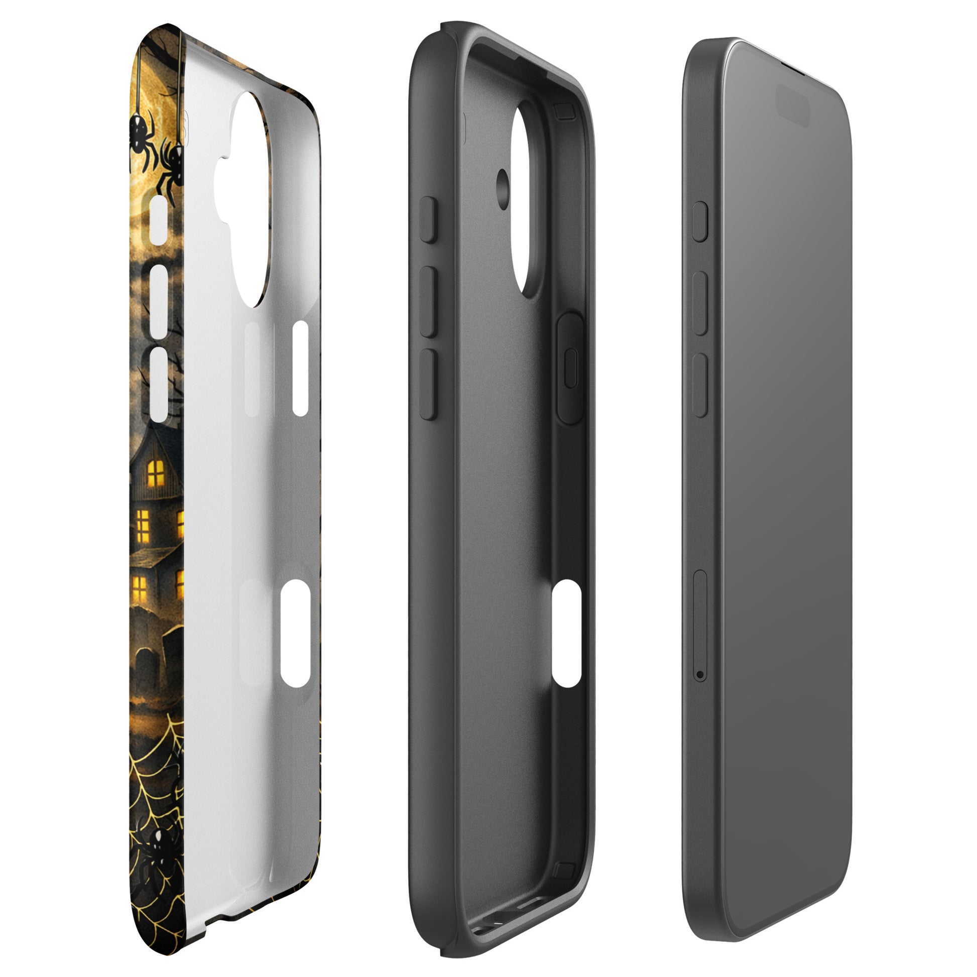 Phone Case for iPhone with haunted pumpkin and Halloween design, featuring bats and moonlit scene. Perfect spooky accessory for Halloween.