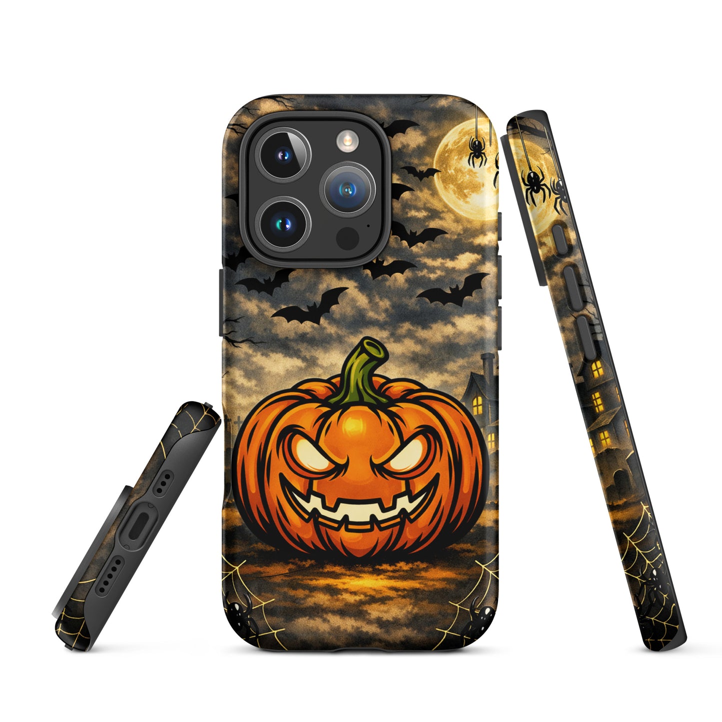 Phone Case for iPhone with haunted pumpkin scene and bats, perfect for Halloween.