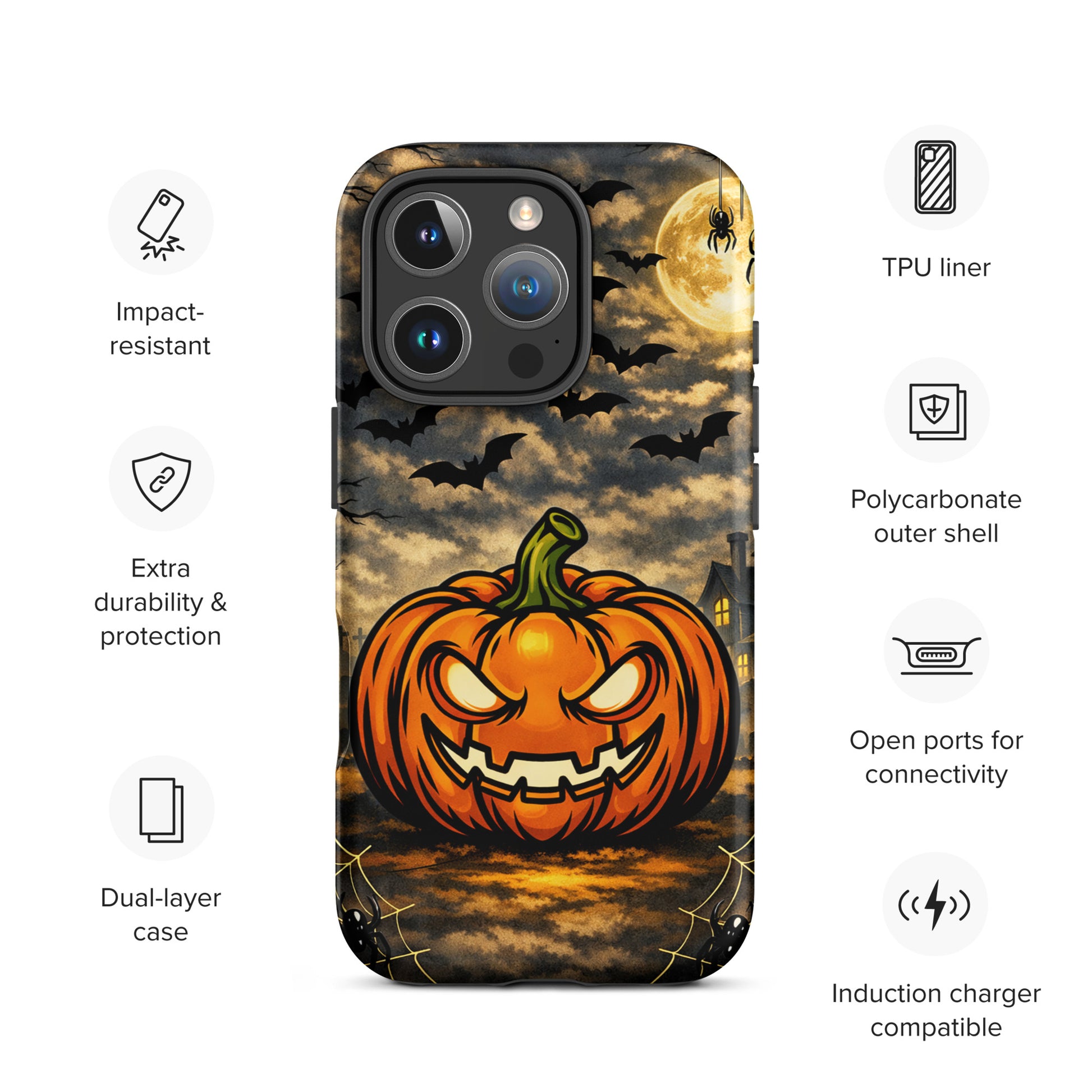Phone Case for iPhone featuring haunted pumpkin, bats, and moonlit clouds, perfect for a Halloween-themed protective cover.