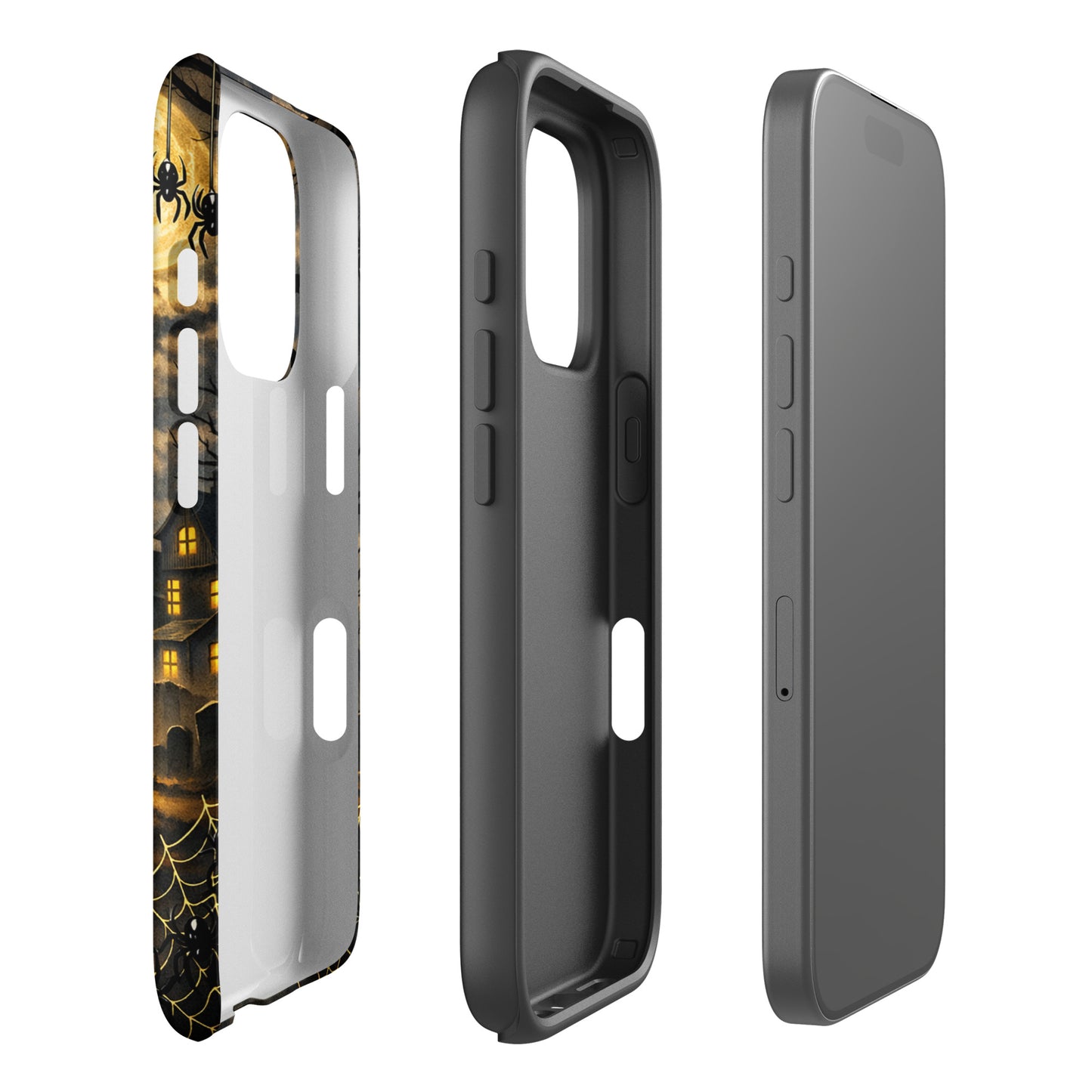 Phone Case for iPhone with haunted pumpkin moonlit Halloween scene featuring glowing jack‑o’-lantern, bats, and haunted house design.