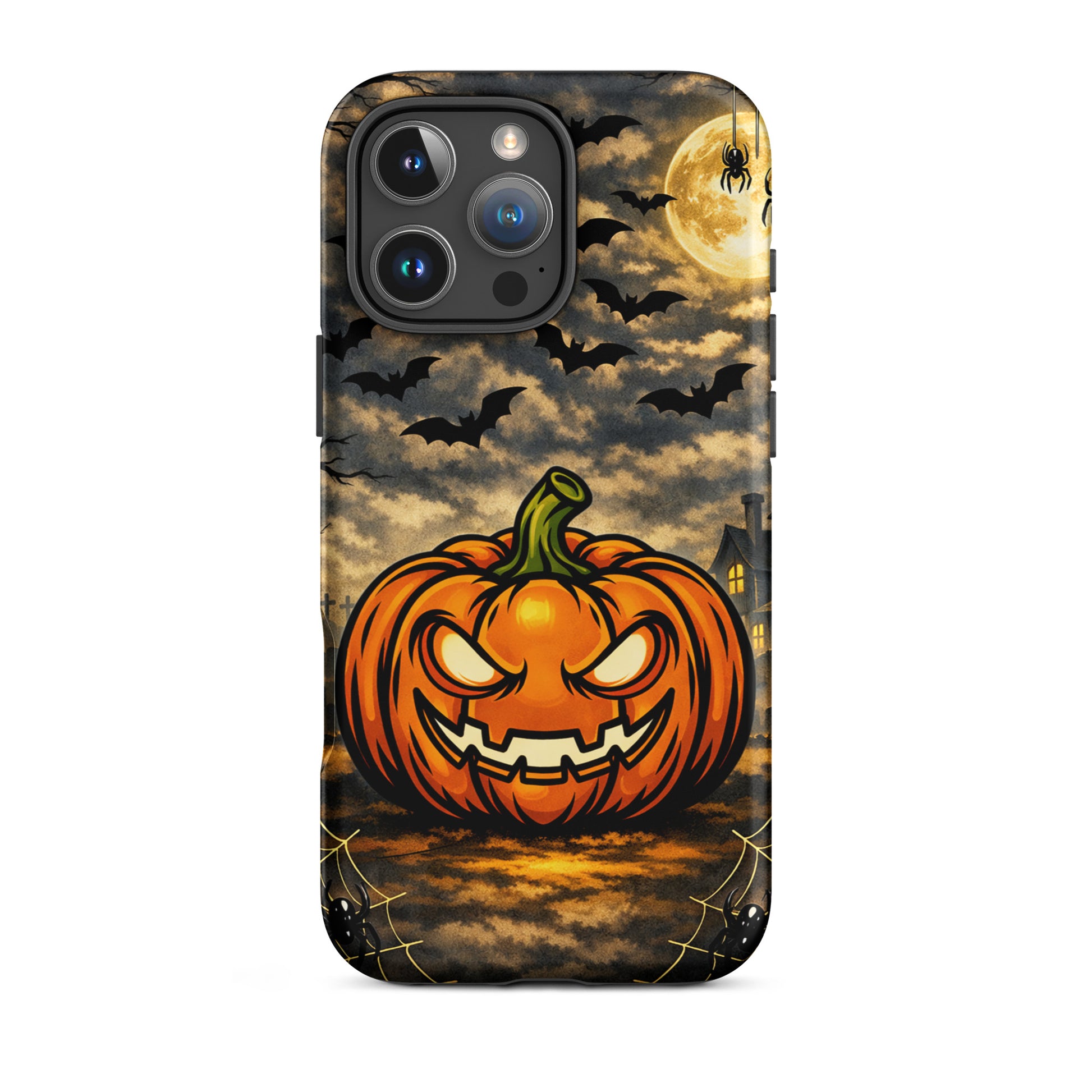 Phone Case for iPhone featuring a haunted pumpkin, moonlit bats, and a spooky house for a Halloween-themed style.