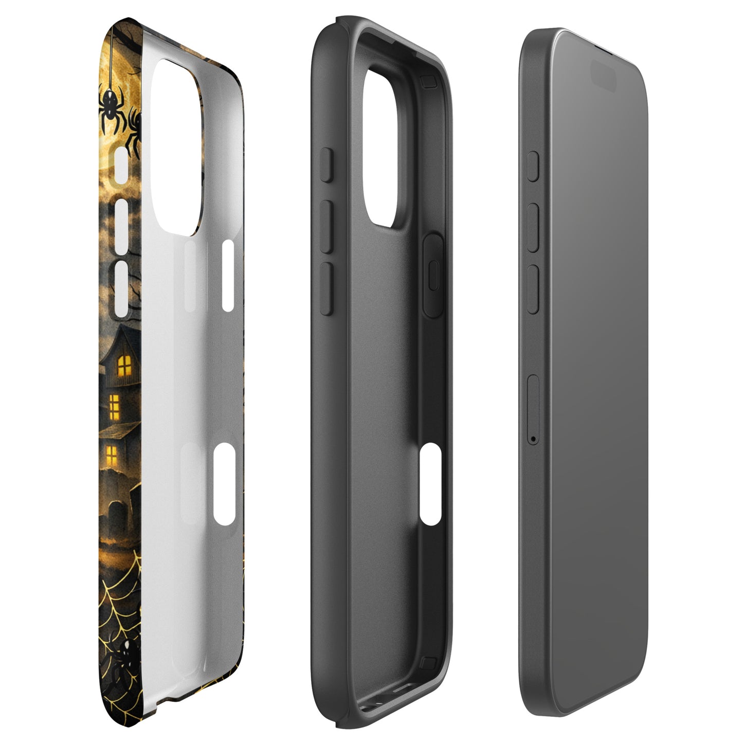 Phone Case for iPhone featuring a Halloween-themed design with haunted house, bats, and glowing pumpkin, perfect for spooky enthusiasts.