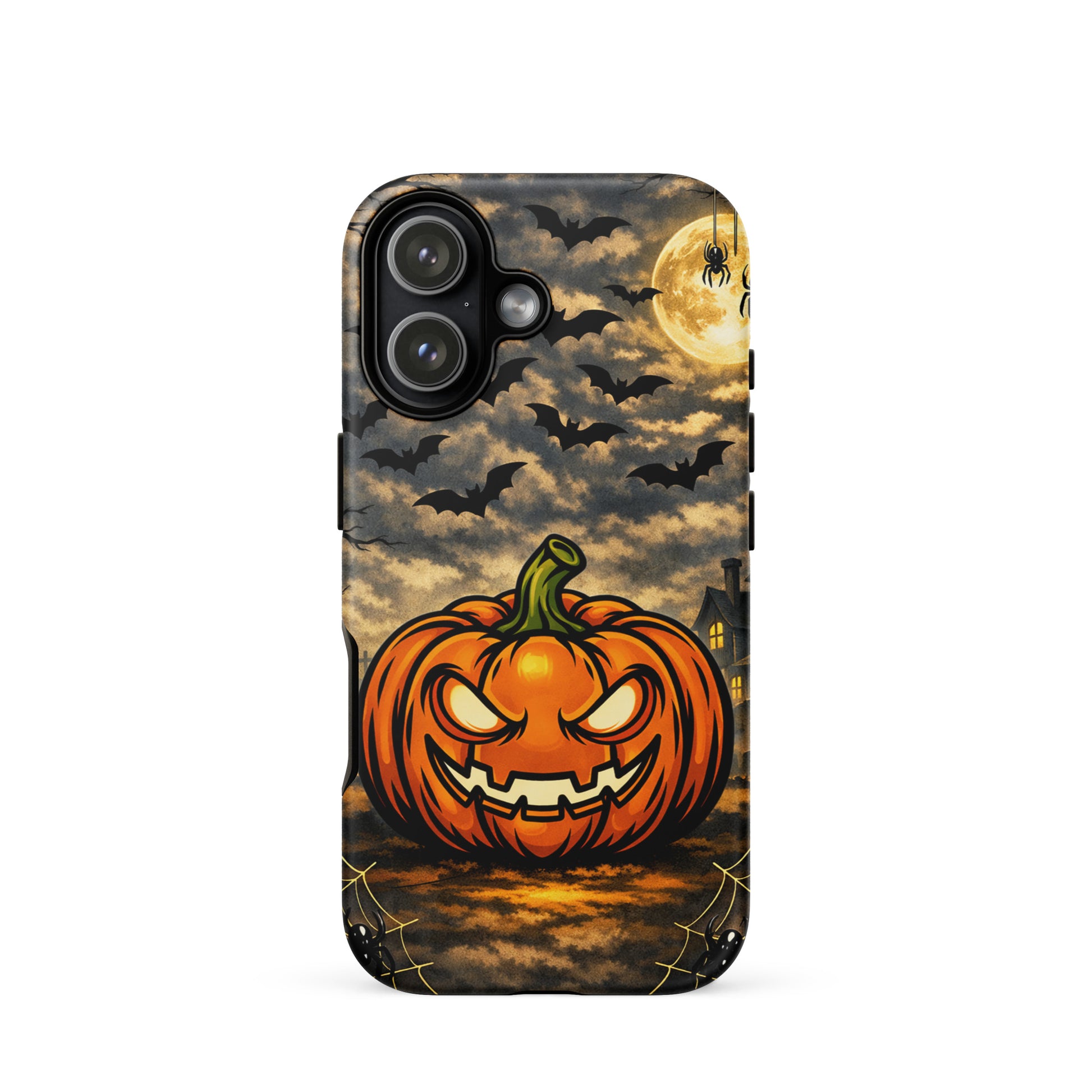 Phone Case for iPhone with Haunted Pumpkin Moonlit Halloween Scene, featuring glowing jack-o’-lantern, bats, and haunted house