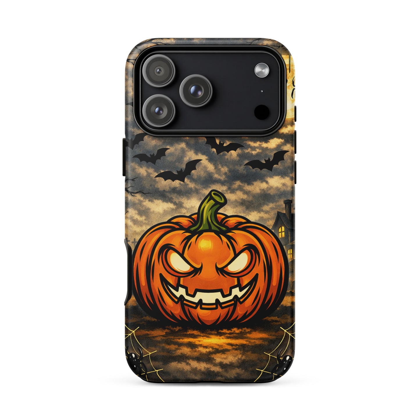 Phone Case featuring a haunted pumpkin with bats, moonlit clouds, and a spooky house for Halloween charm on iPhone.