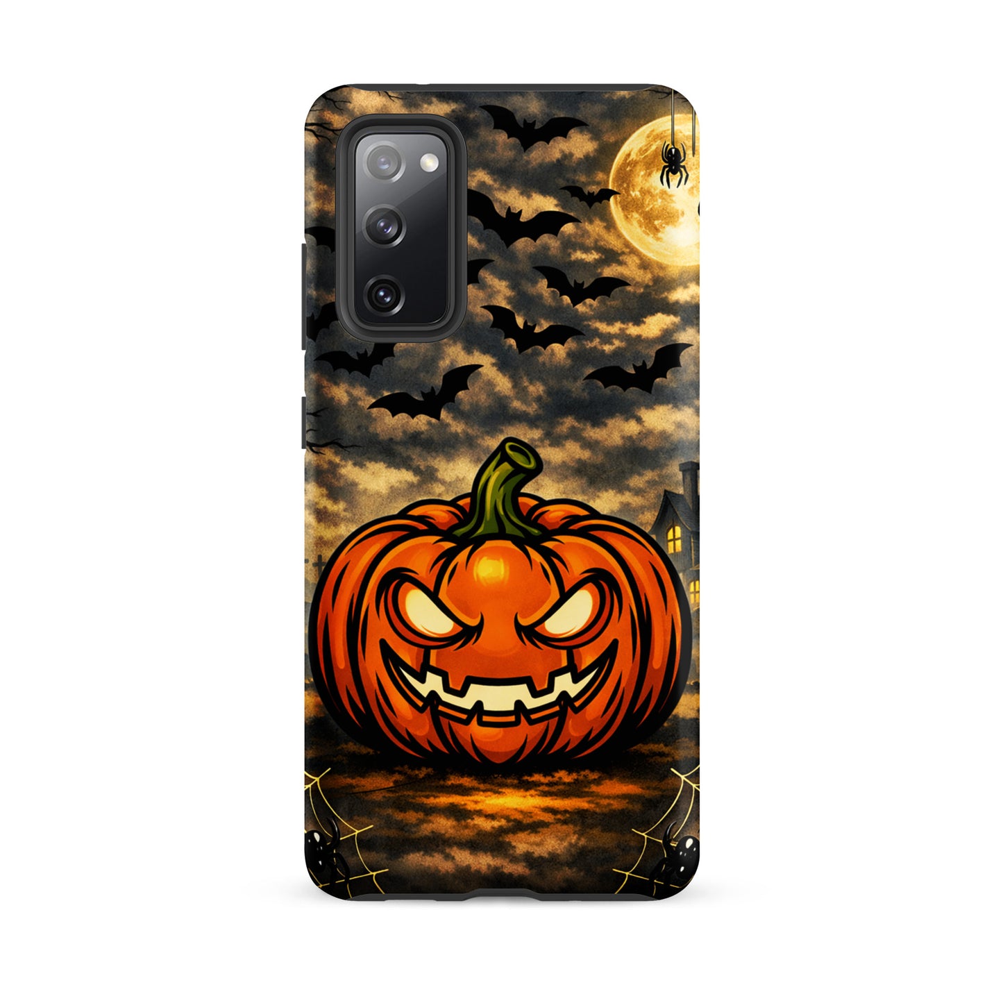 Phone Case for Samsung Galaxy showcasing a haunted pumpkin scene with a moon, bats, and haunted house, perfect for Halloween vibes.