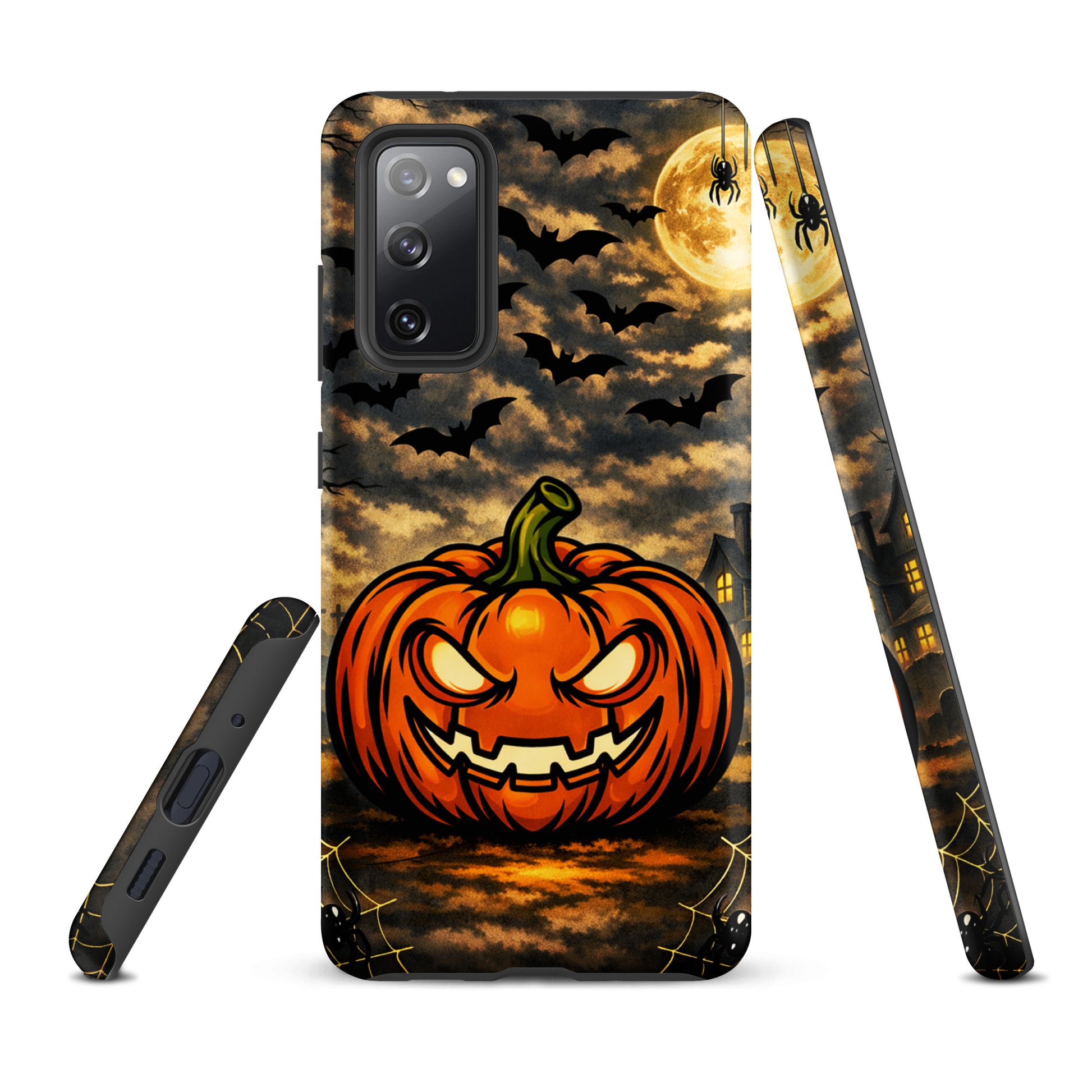 Phone Case for Samsung Galaxy featuring haunted pumpkin and moonlit Halloween scene with bats, clouds, and haunted house design.