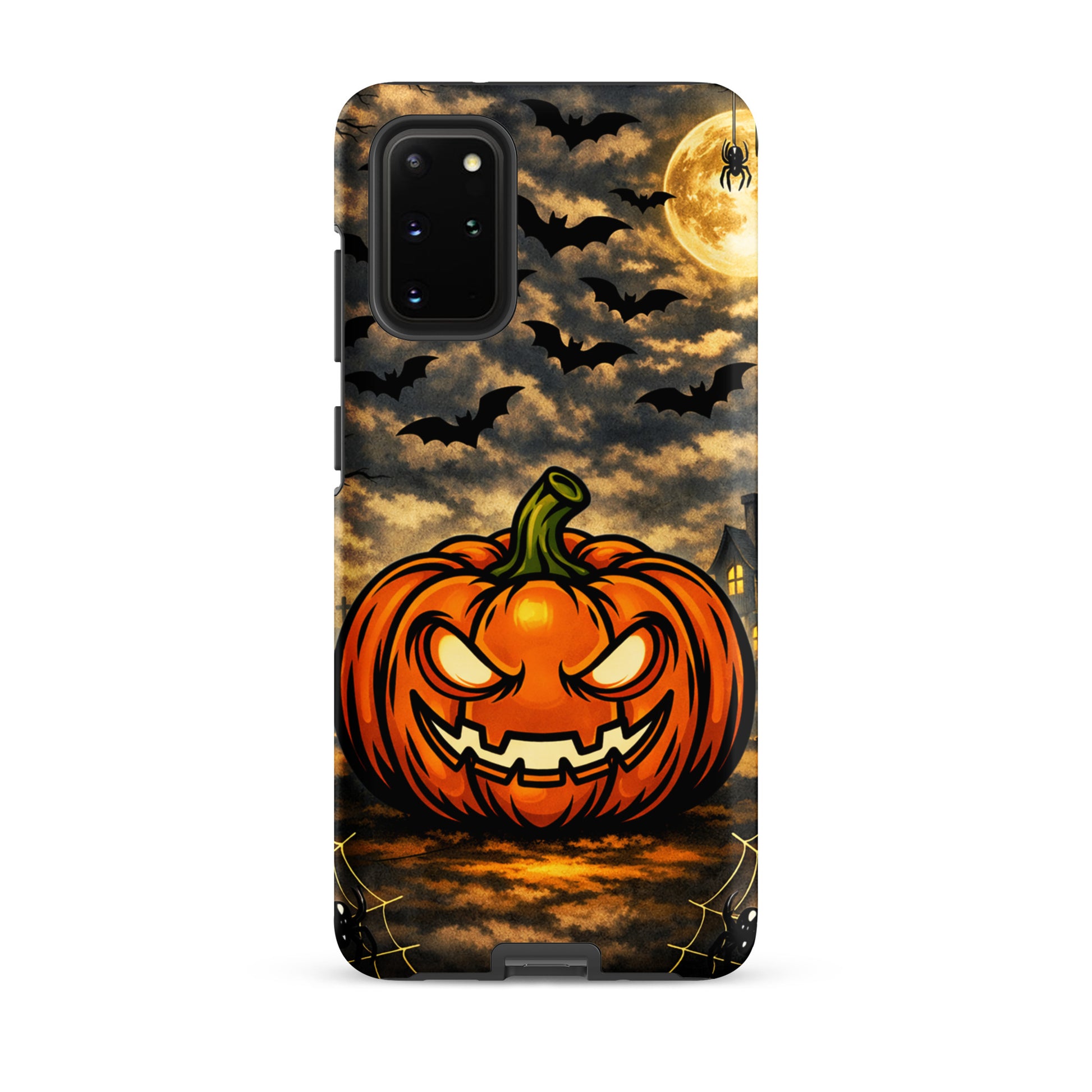 Phone Case for Samsung Galaxy featuring haunted Halloween pumpkin, bats, and moonlit haunted house scene, perfect for spooky charm fans.