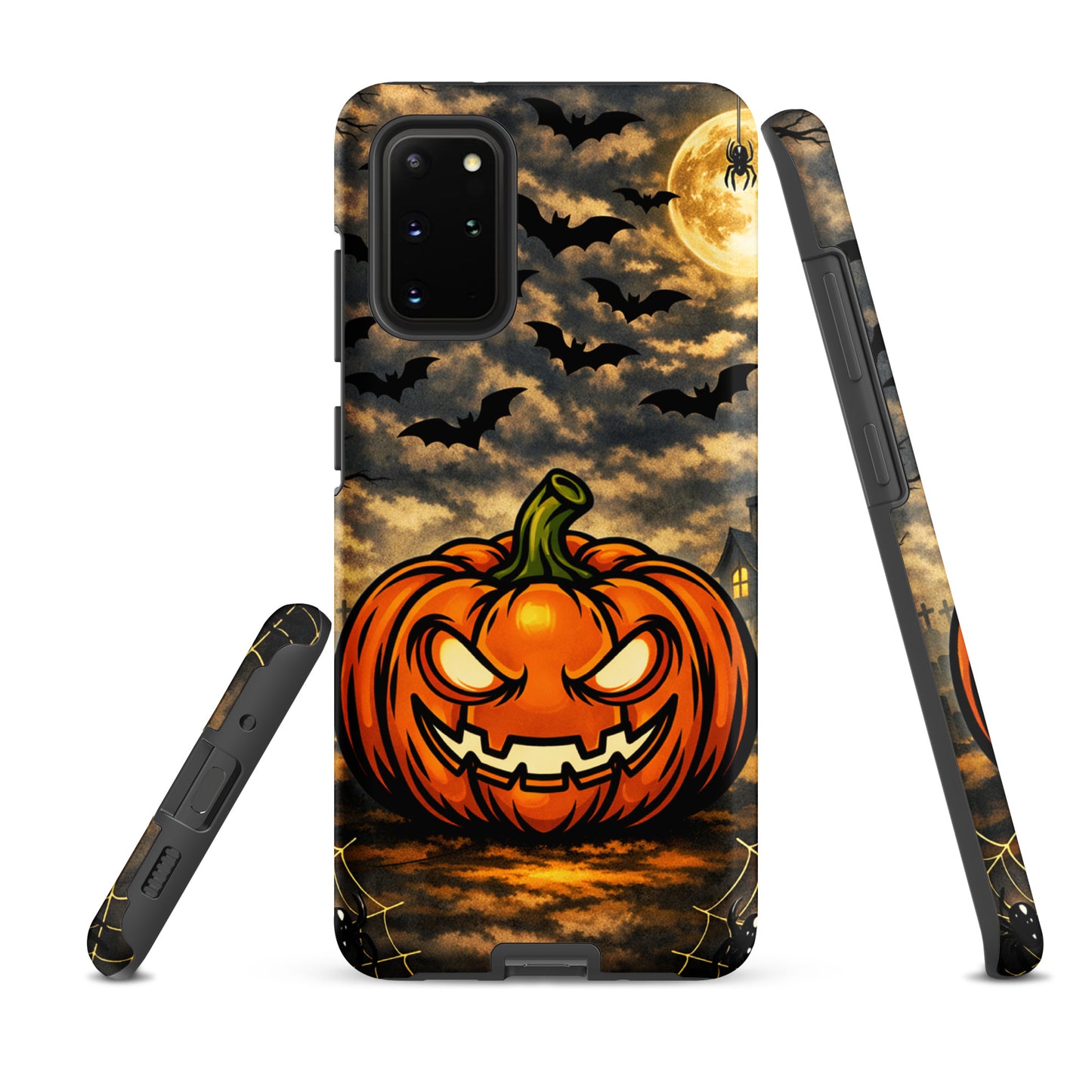 Phone Case for Samsung Galaxy with Halloween design featuring a glowing jack-o’-lantern, bats, moonlit clouds, and a haunted house.