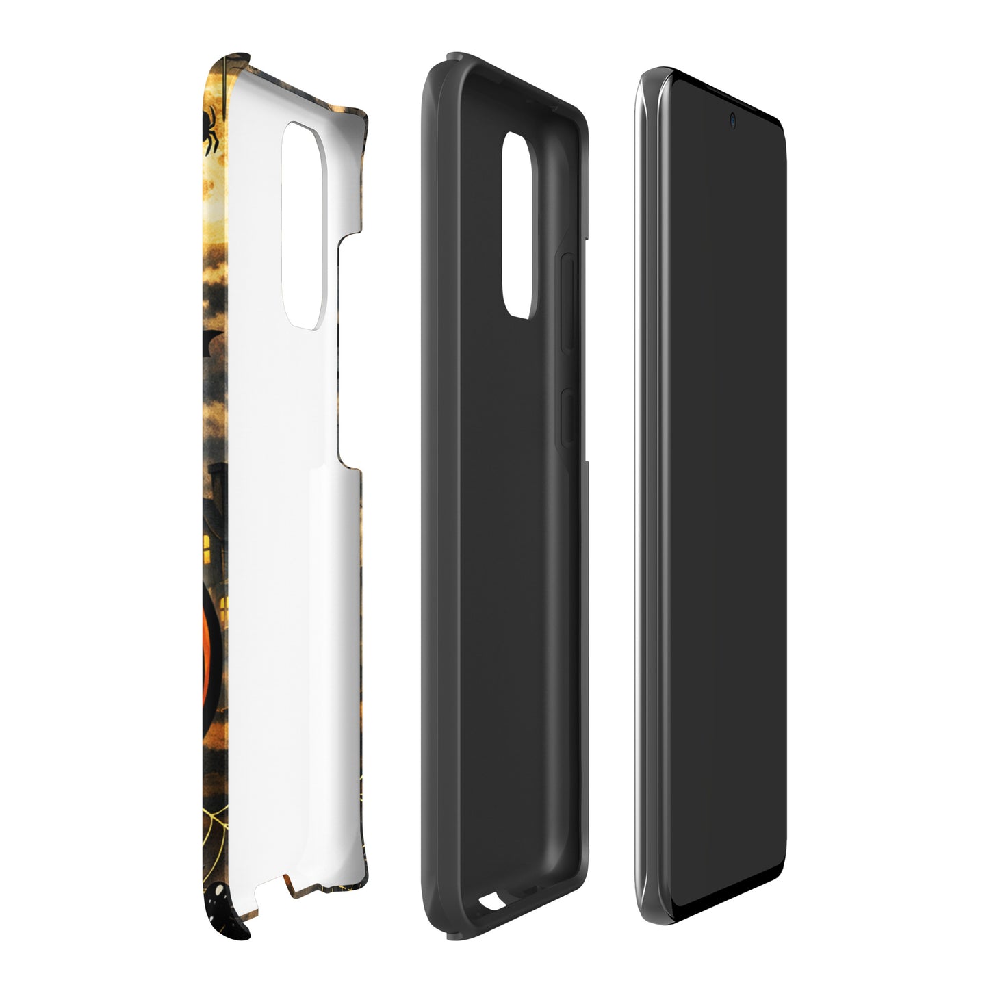 Phone Case for Samsung Galaxy showing Halloween themed design with haunted pumpkin and moonlit scene.