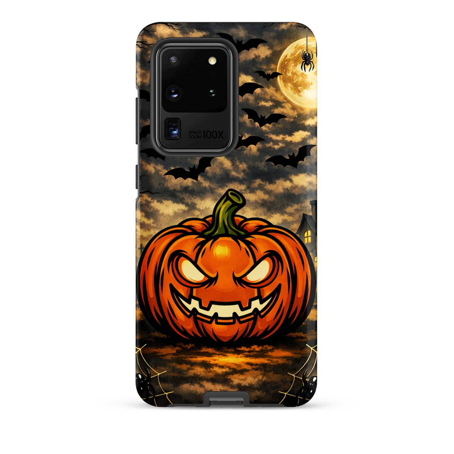 Phone Case for Samsung Galaxy with haunted Halloween pumpkin, swirling bats, and moonlit clouds design.