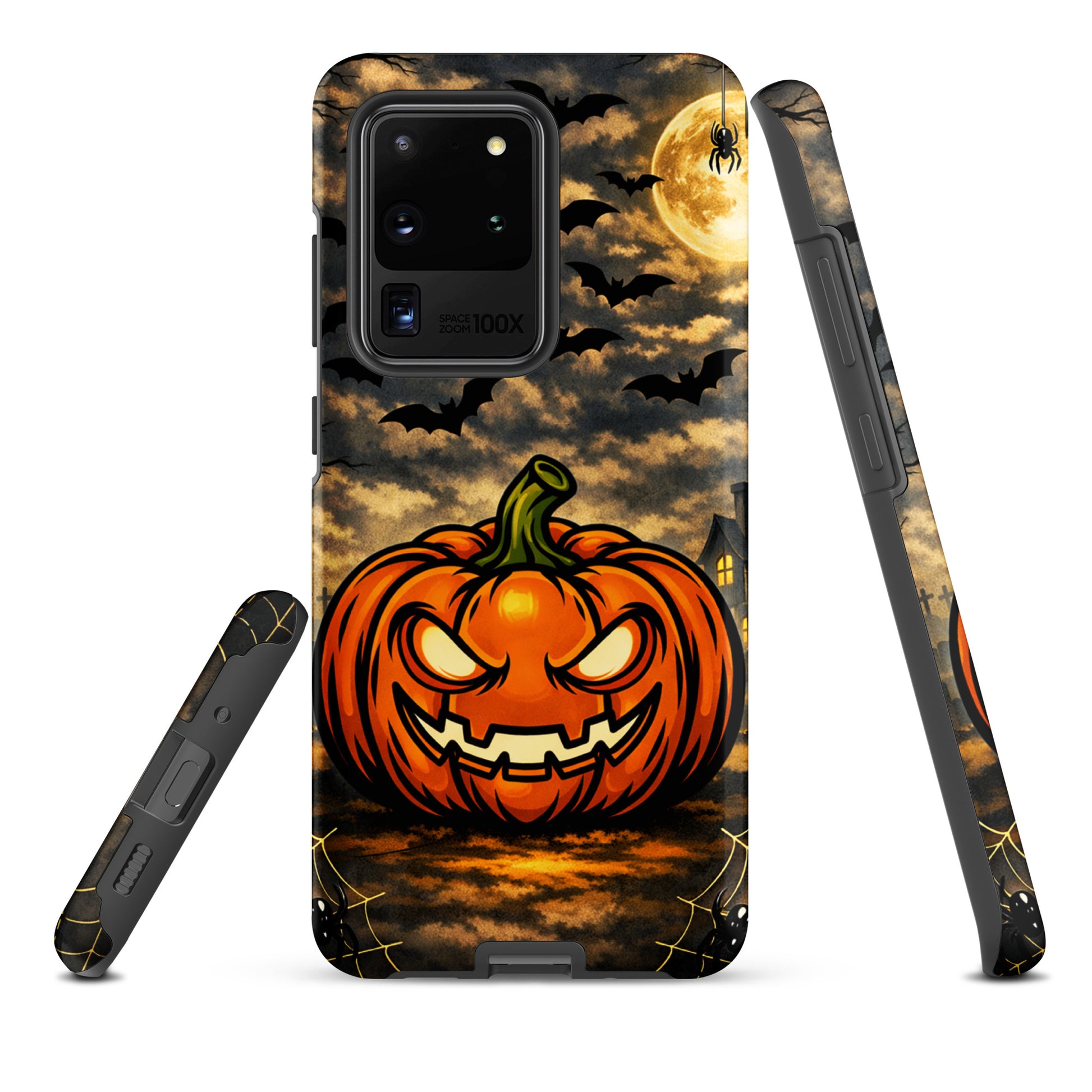 Phone Case for Samsung Galaxy featuring a haunted Halloween scene with glowing jack-o’-lantern, bats, and moonlit clouds.