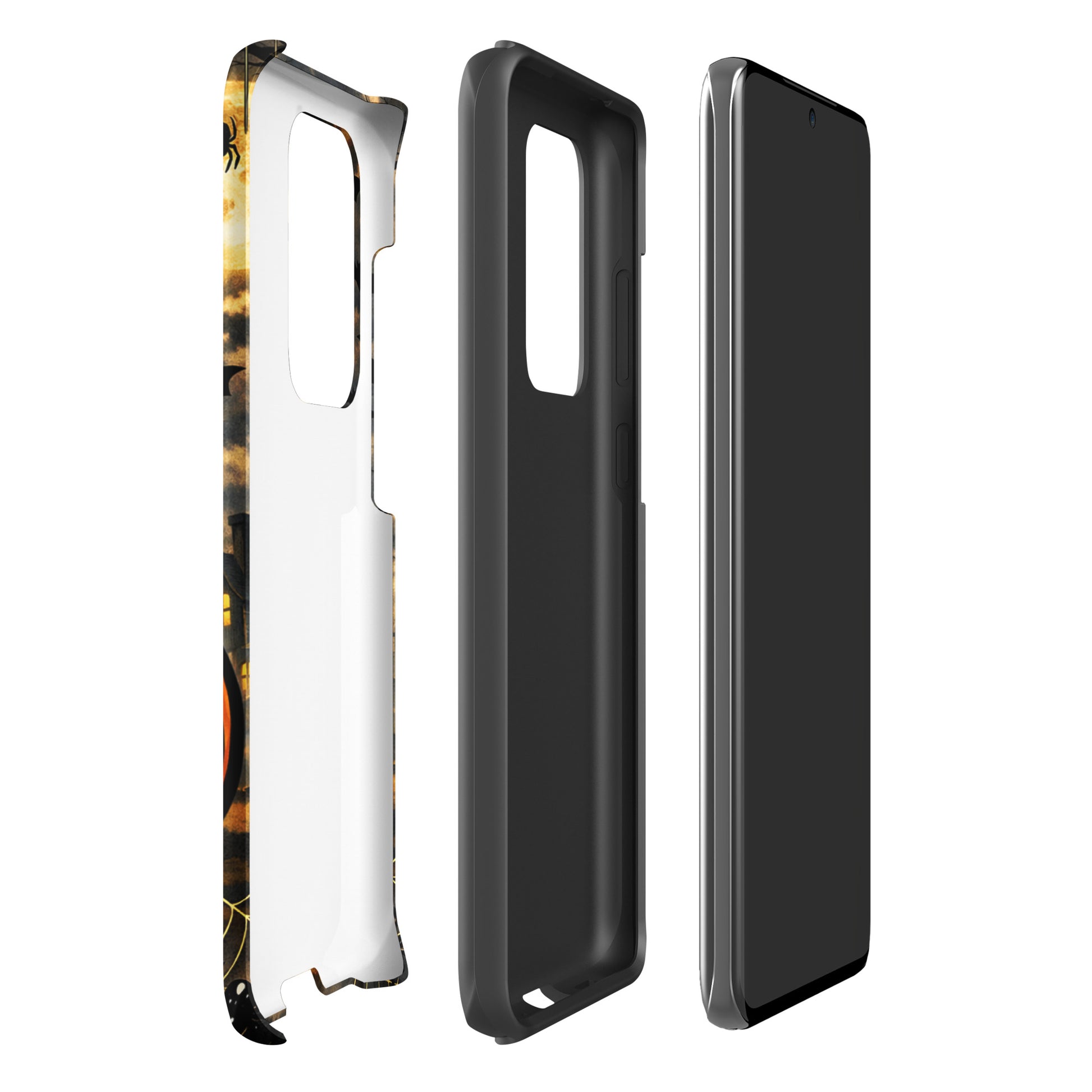 Phone Case for Samsung Galaxy featuring Halloween pumpkin, bats, and haunted house design.