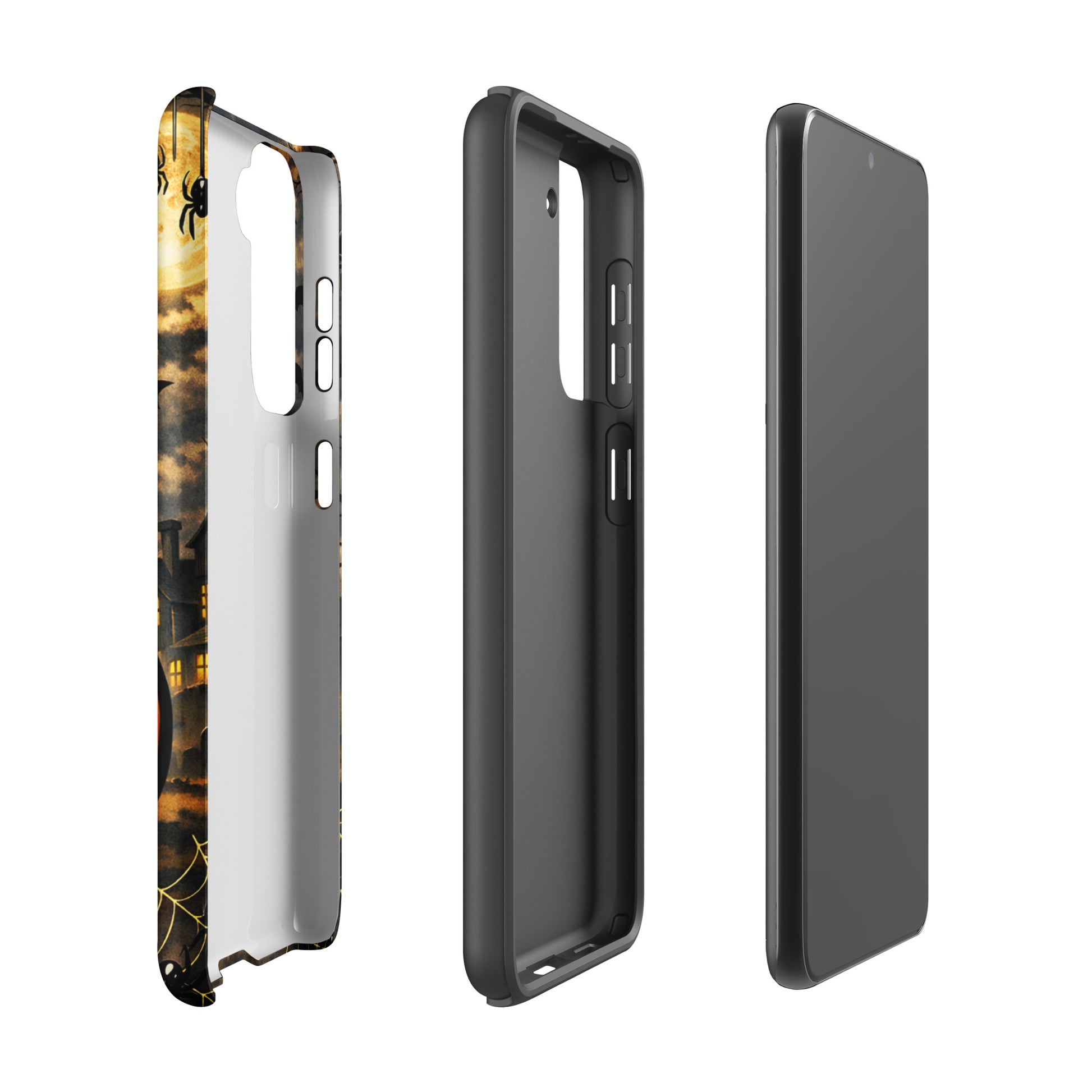 Phone Case for Samsung Galaxy with haunted Halloween scene featuring glowing pumpkin and bats.