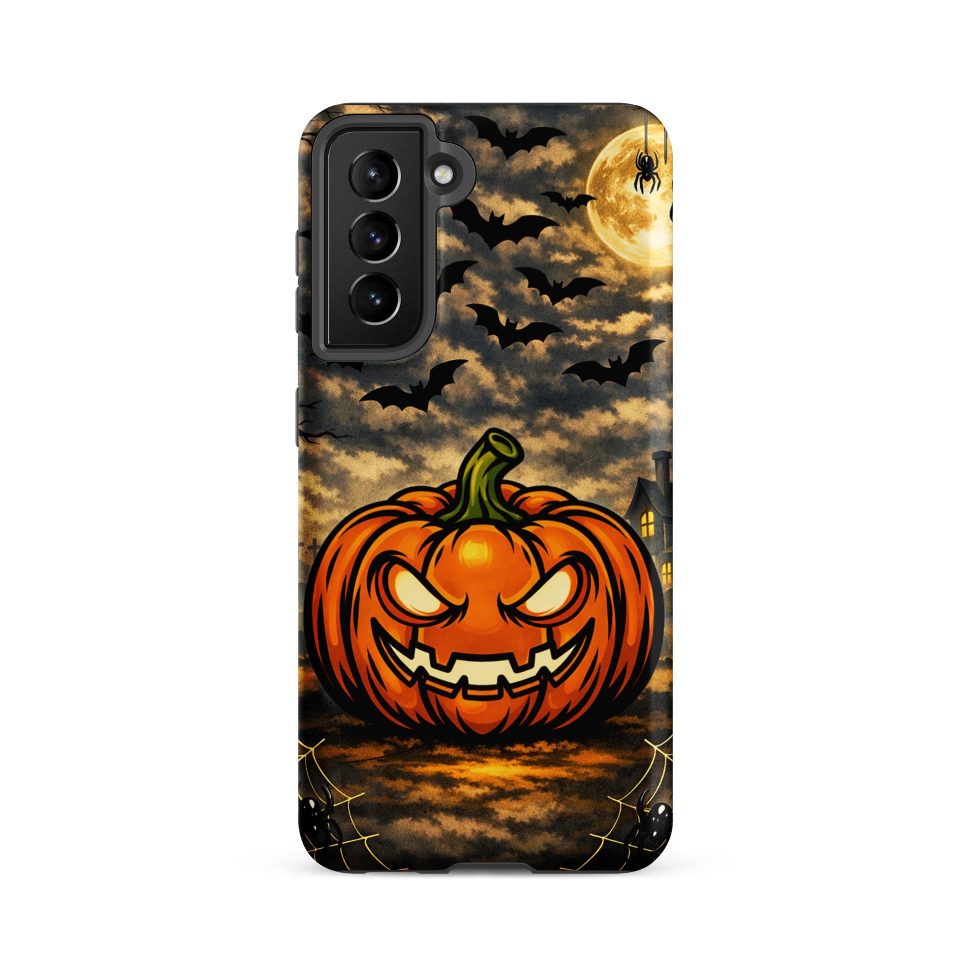 Phone Case for Samsung Galaxy featuring a haunted pumpkin with bats, moonlit clouds, and a spooky house for Halloween magic.