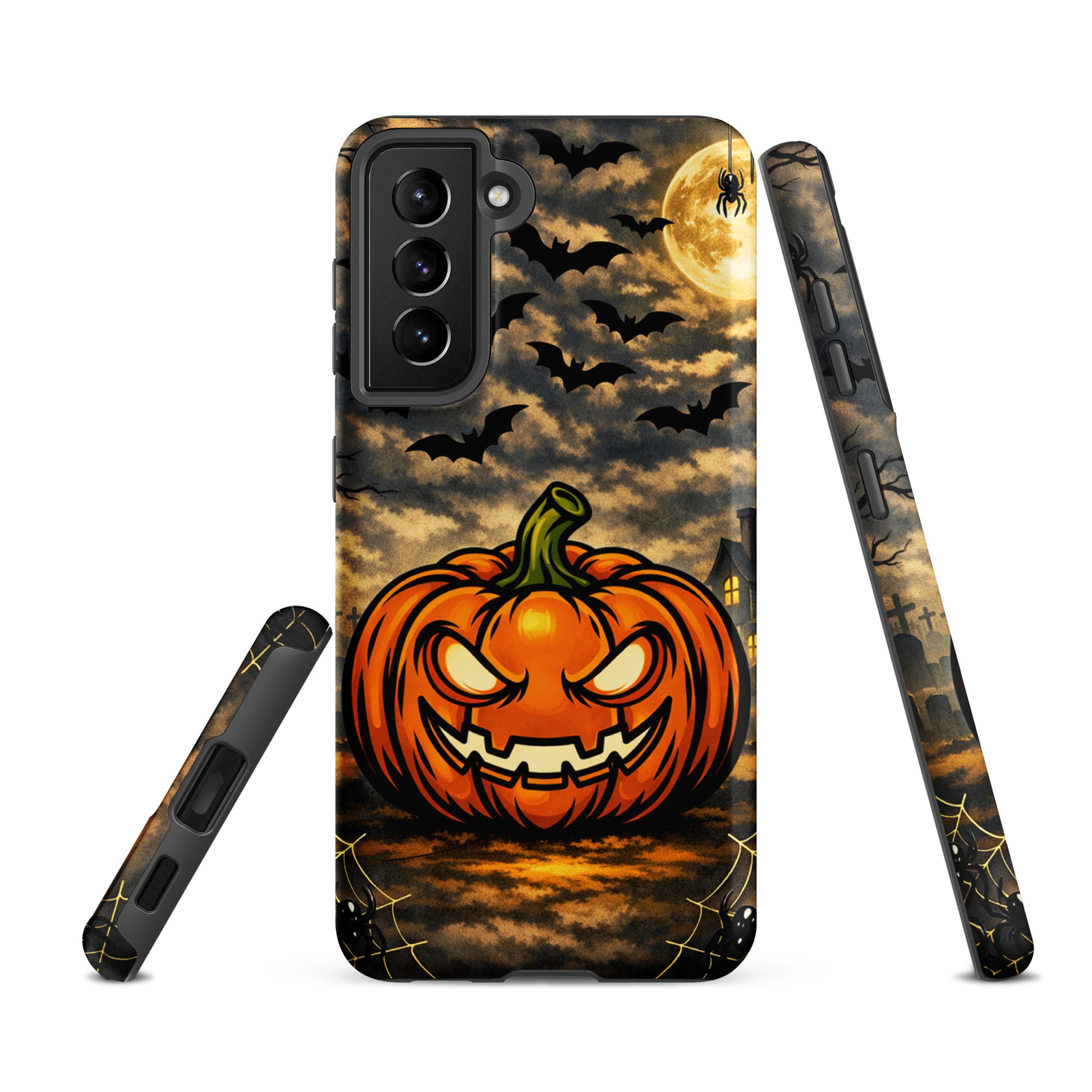 Phone Case for Samsung Galaxy with haunted pumpkin, bats, and moonlit Halloween scene, perfect for spooky festive charm.