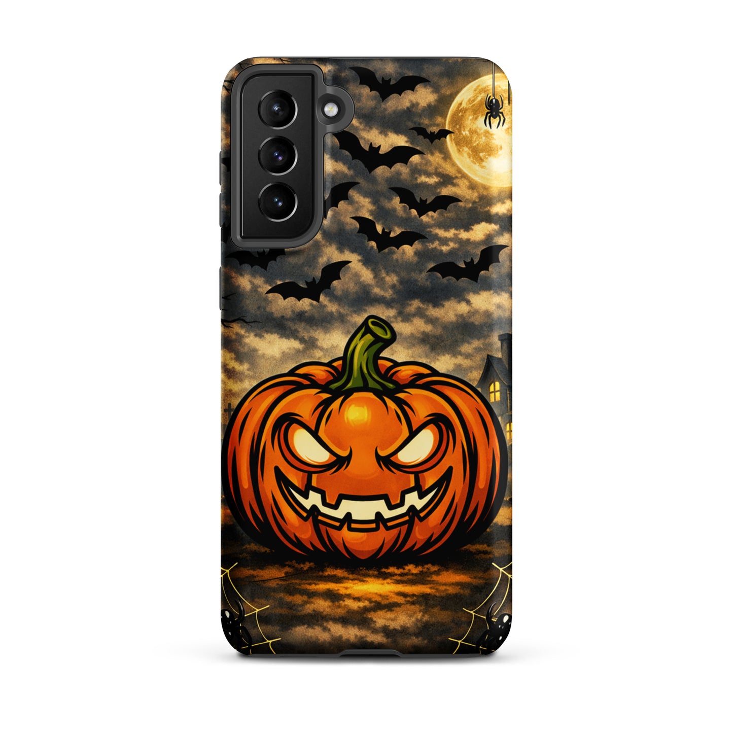 Phone Case for Samsung Galaxy with haunted pumpkin, bats, and moonlit Halloween scene.