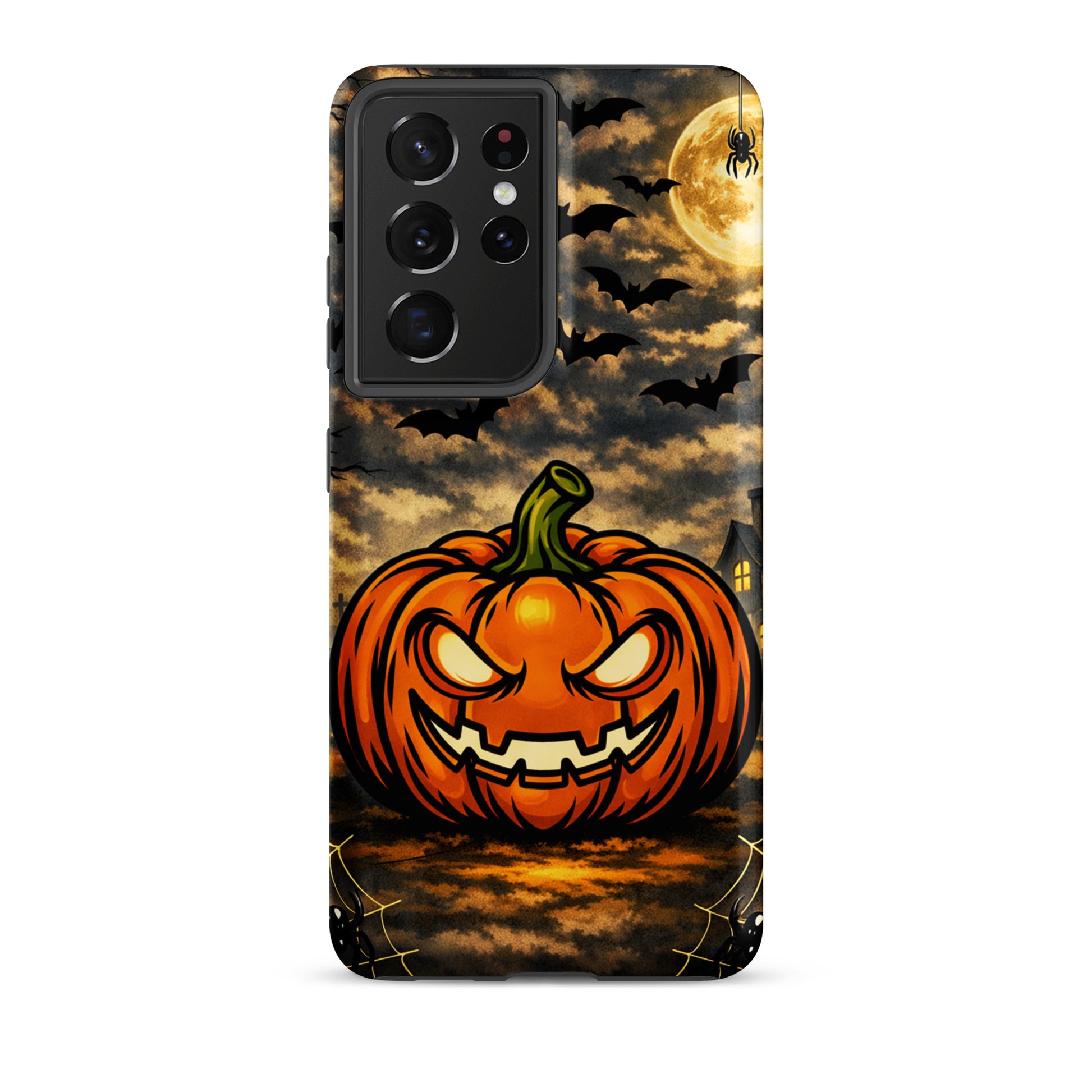 Phone Case for Samsung Galaxy with haunted pumpkin and moonlit Halloween scene, featuring bats, clouds, and haunted house.