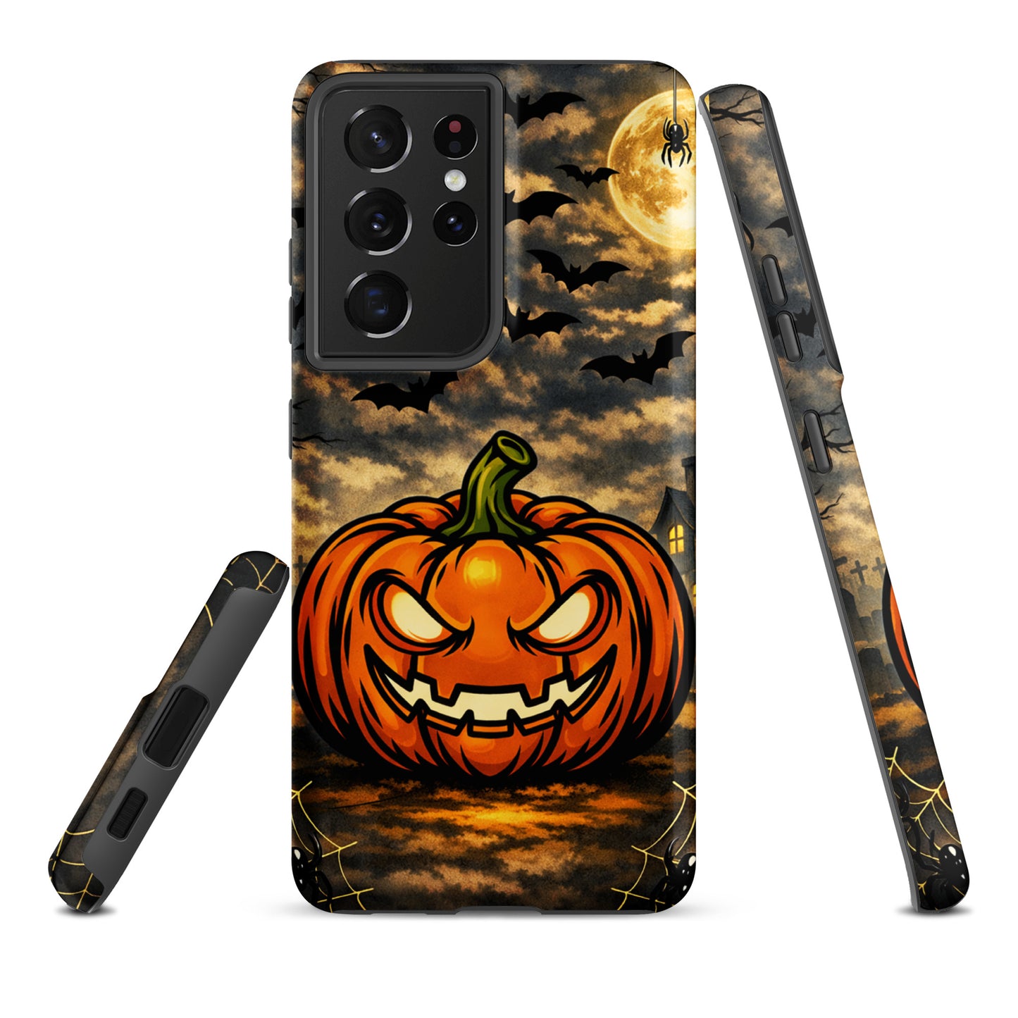 Phone Case for Samsung Galaxy featuring a haunted pumpkin, moonlit clouds, bats, and a spooky house, perfect for Halloween enthusiasts.