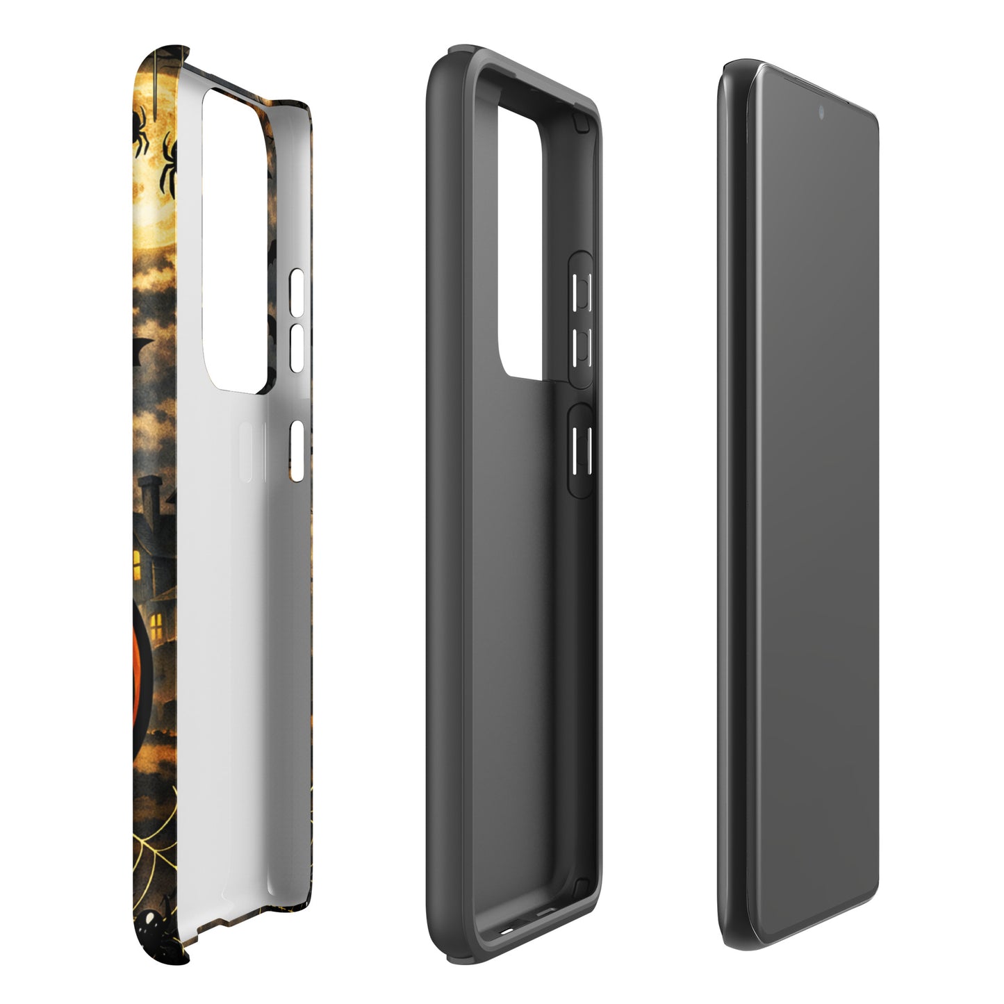 Phone Case for Samsung Galaxy featuring a haunted pumpkin moonlit Halloween scene with jack-o’-lantern and haunted house design.