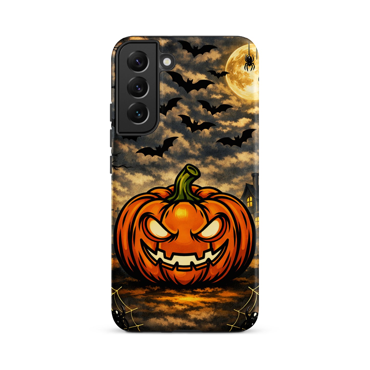 Phone Case for Samsung Galaxy with haunted pumpkin, bats, and moonlit Halloween scene