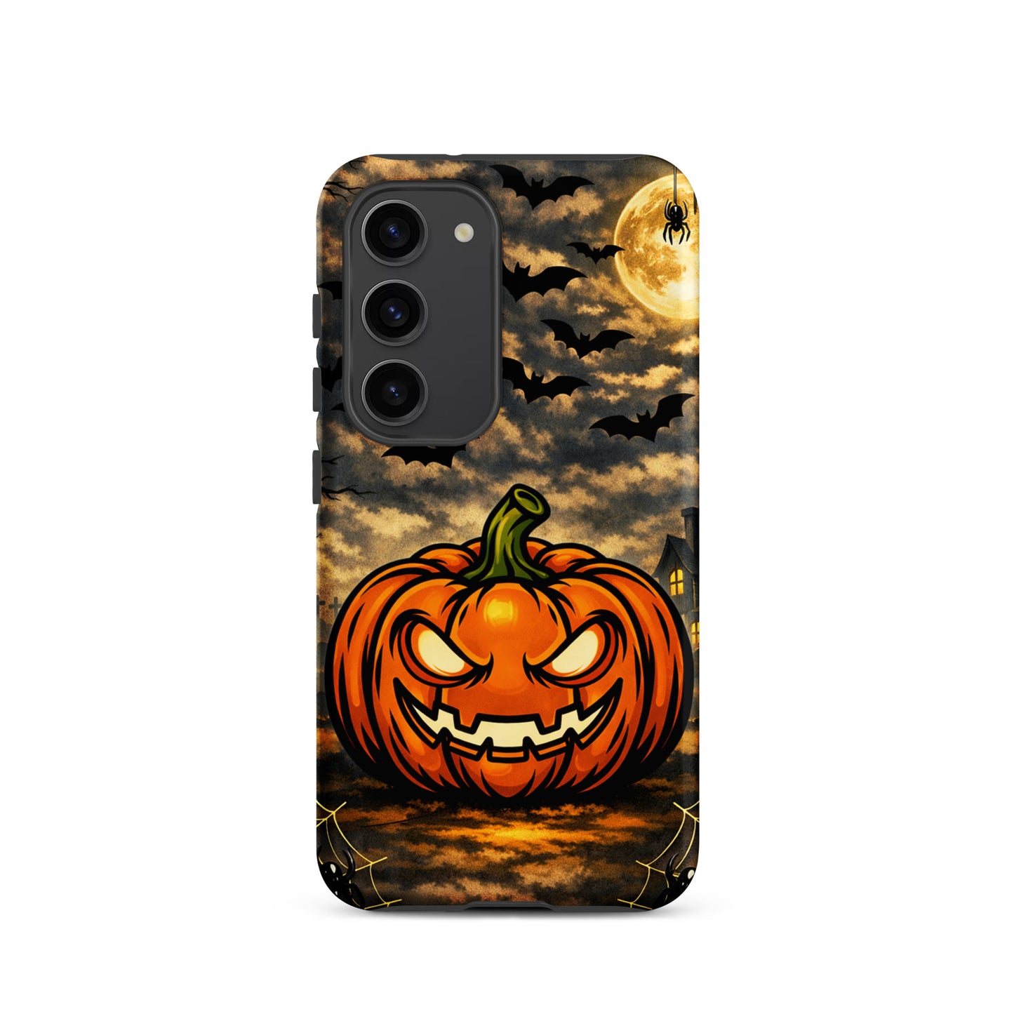 Phone Case for Samsung Galaxy with haunted pumpkin and Halloween scene featuring bats, moonlit clouds, and a spooky haunted house.