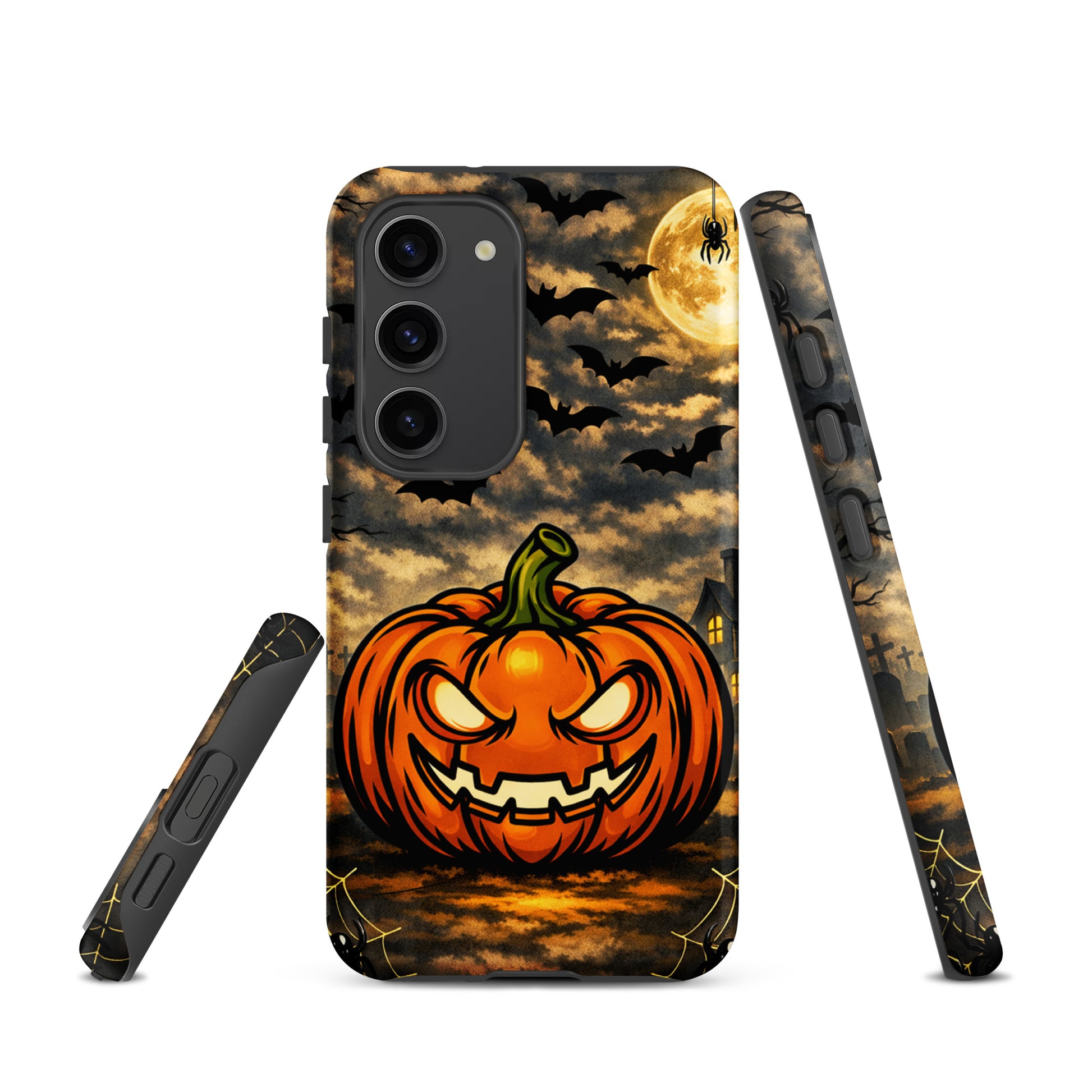 Phone Case for Samsung Galaxy featuring haunted pumpkin, bats, moonlit clouds, and haunted house Halloween scene.
