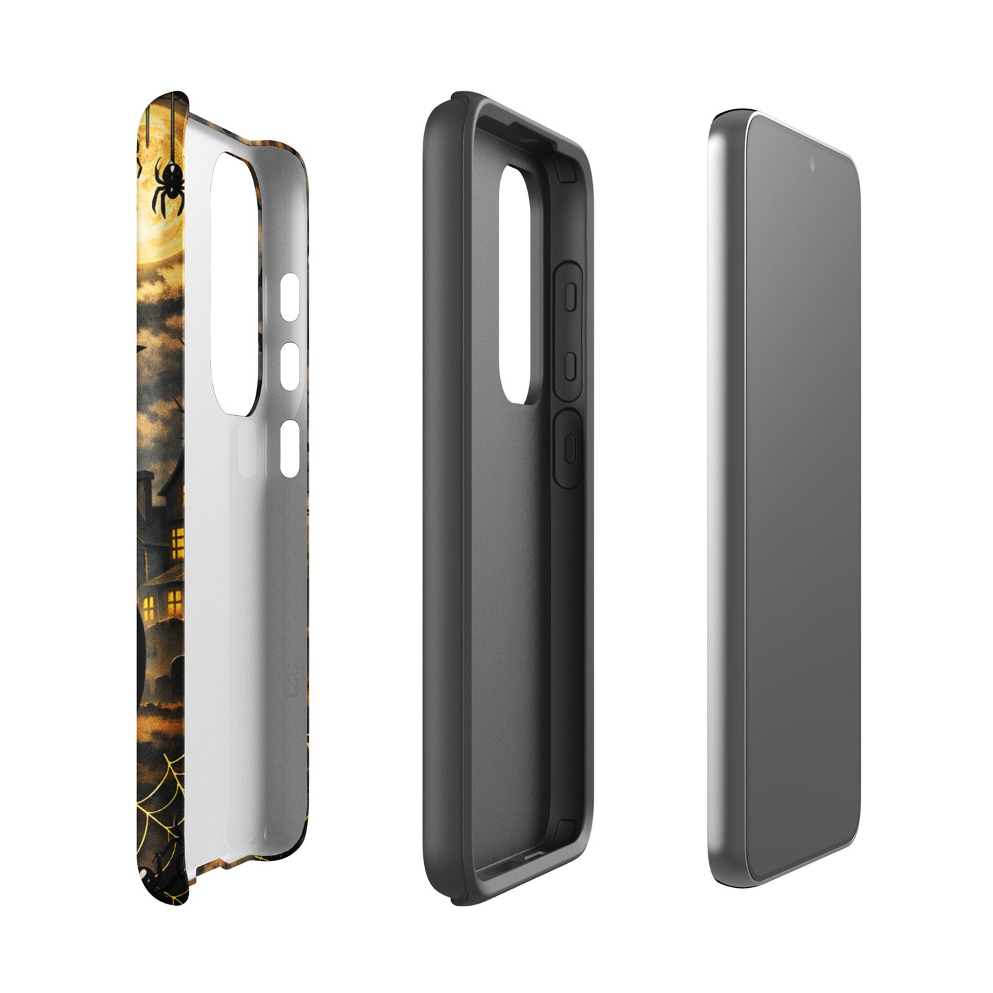 Phone Case for Samsung Galaxy featuring haunted pumpkin Halloween design with jack-o’-lantern, bats, and haunted house in moonlight.