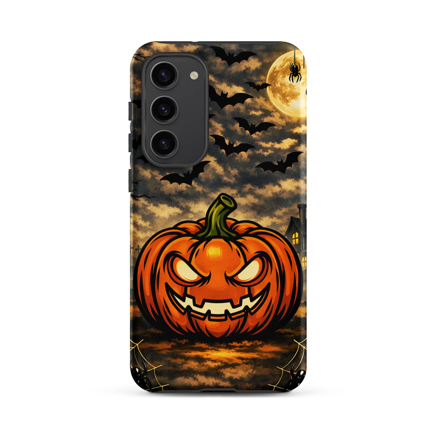 Phone Case for Samsung Galaxy with haunted Halloween pumpkin, bats, and moonlit night scene.