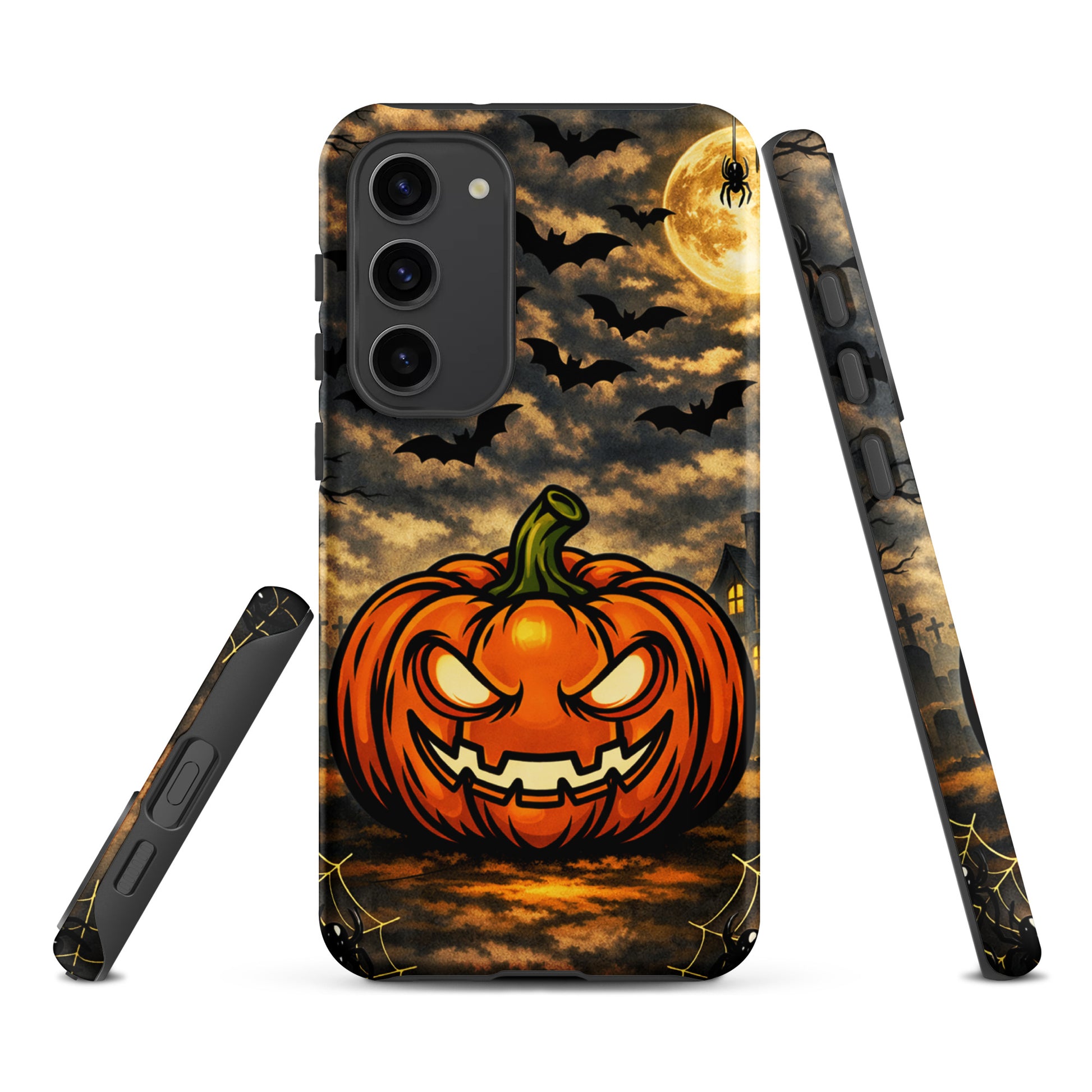 Phone Case for Samsung Galaxy featuring a haunted pumpkin, bats, and moonlit Halloween scene with spooky charm.