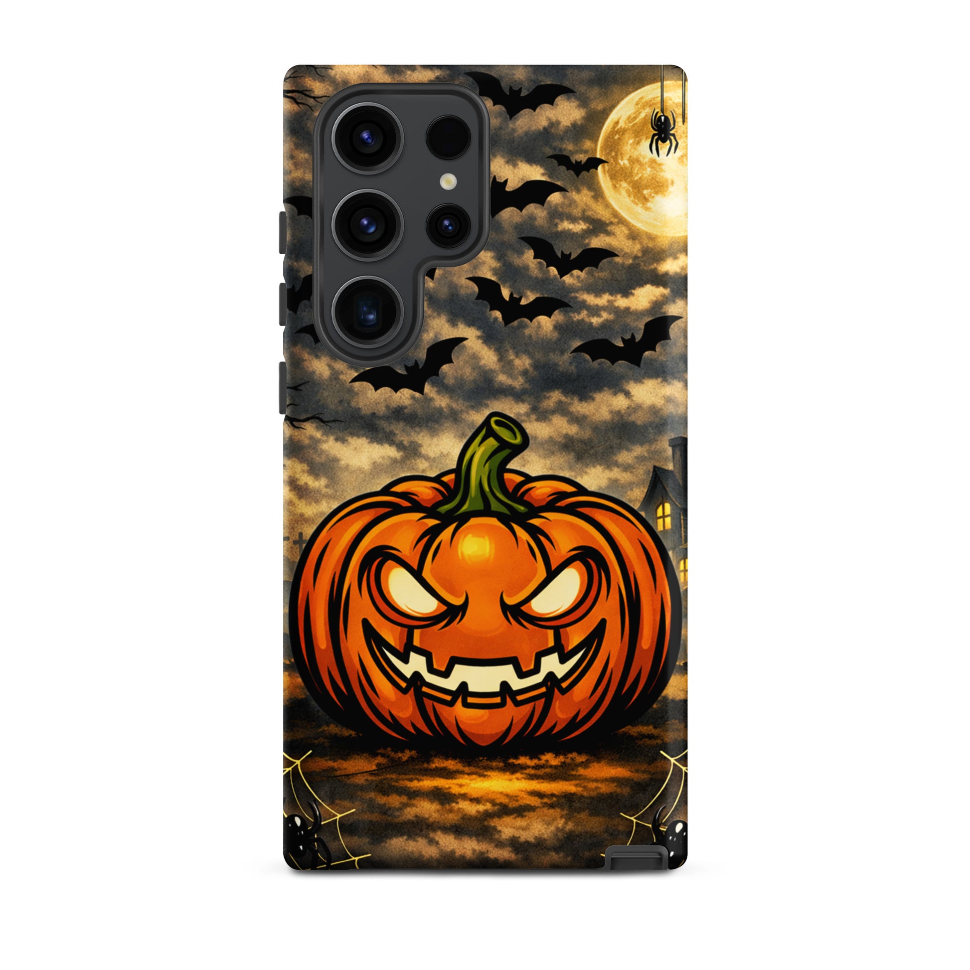 Phone Case for Samsung Galaxy featuring a Halloween jack-o'-lantern, bats, moonlit clouds, and haunted house design, perfect for Halloween.