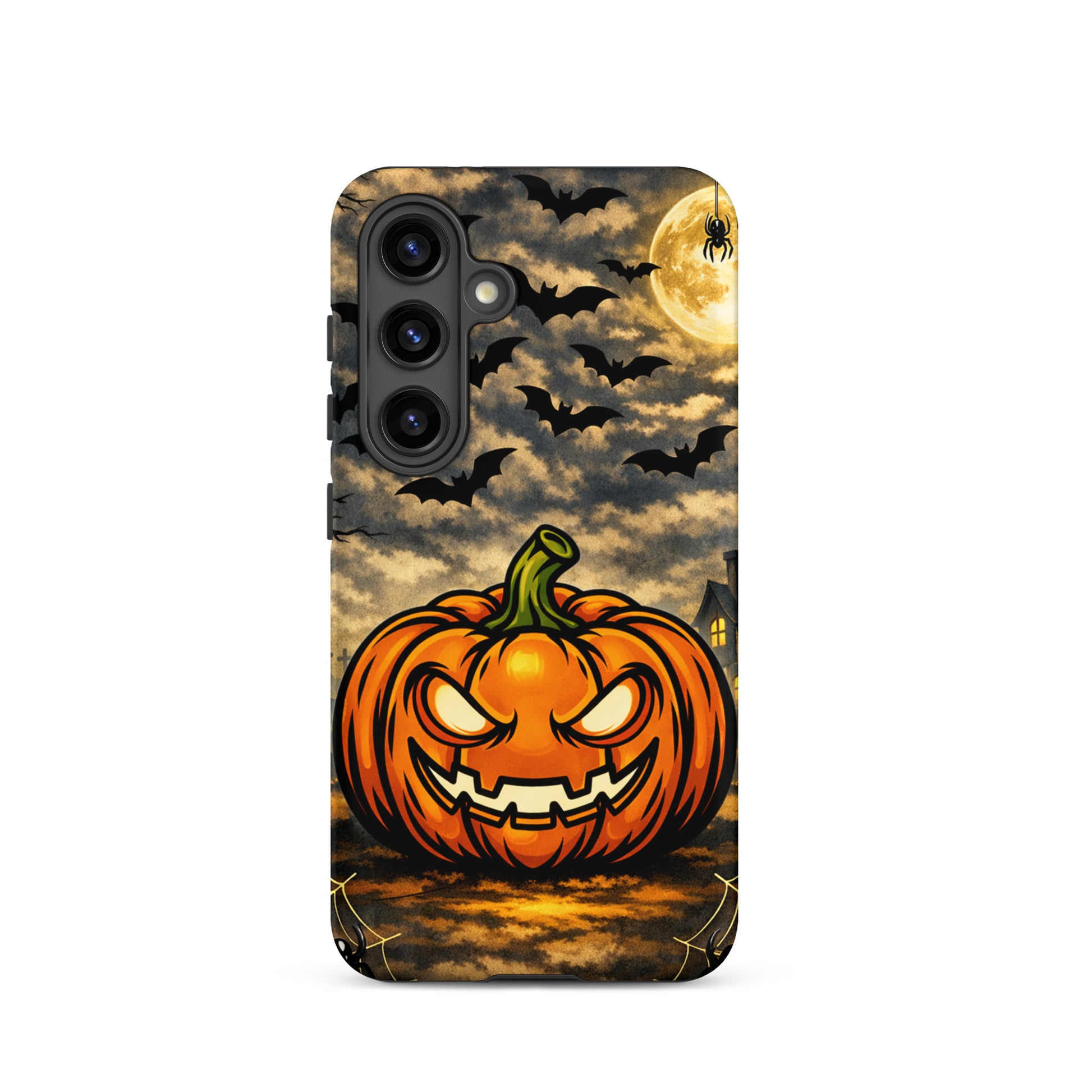Phone Case for Samsung Galaxy with haunted pumpkin, bats, and moonlit Halloween scene. Perfect for spooky season charm.