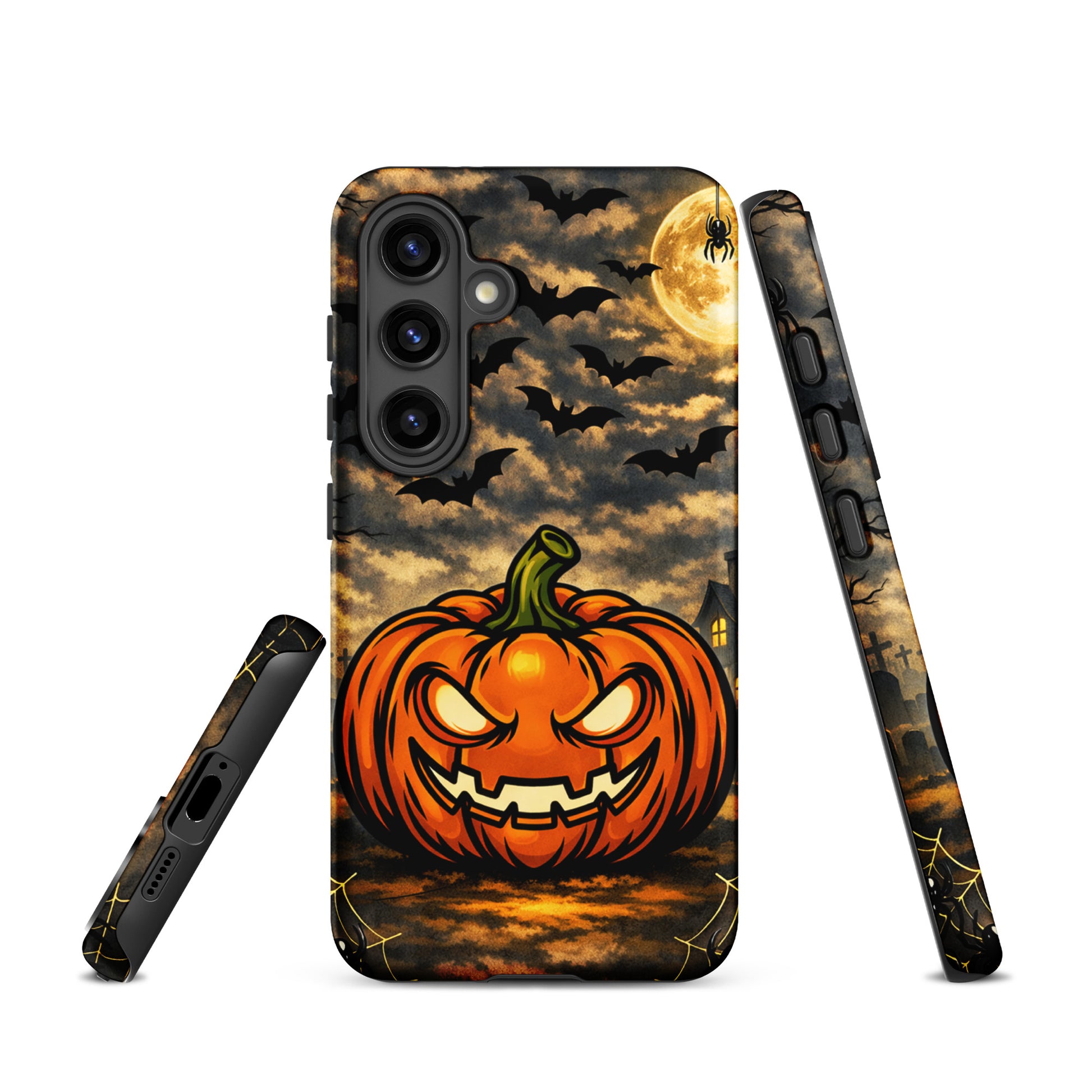 Phone Case for Samsung Galaxy featuring haunted Halloween scene with glowing pumpkin, bats, and moonlit clouds.