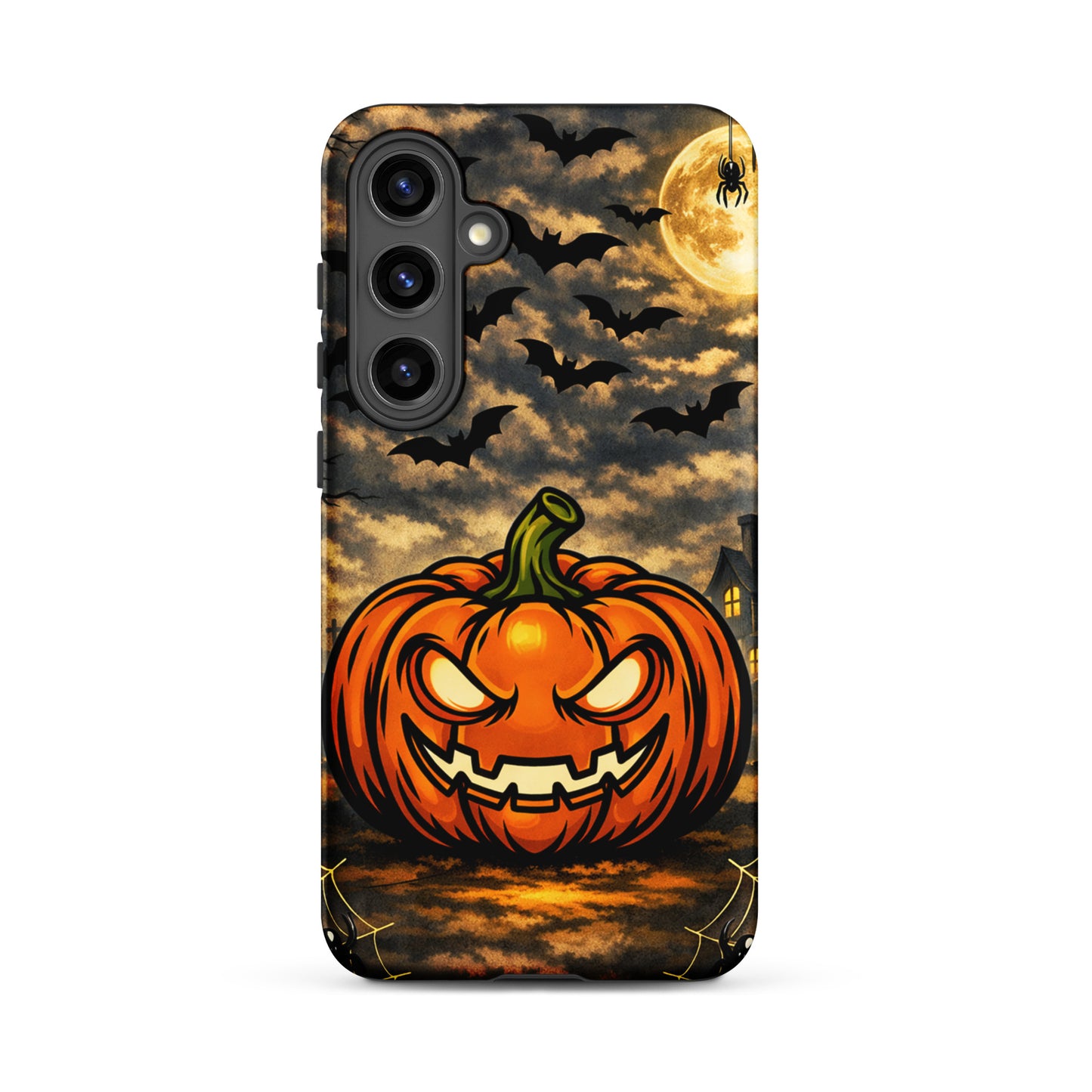 Phone Case for Samsung Galaxy featuring Halloween-themed jack-o-lantern, bats, and haunted house under moonlit sky.