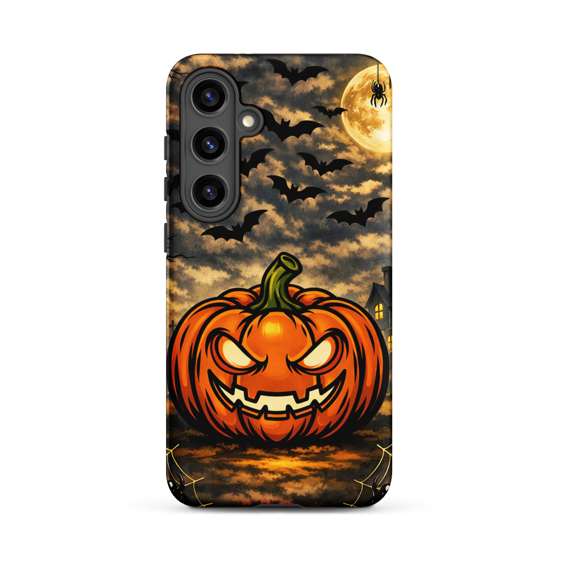 Phone Case for Samsung Galaxy featuring Halloween-themed jack-o-lantern, bats, and haunted house under moonlit sky.