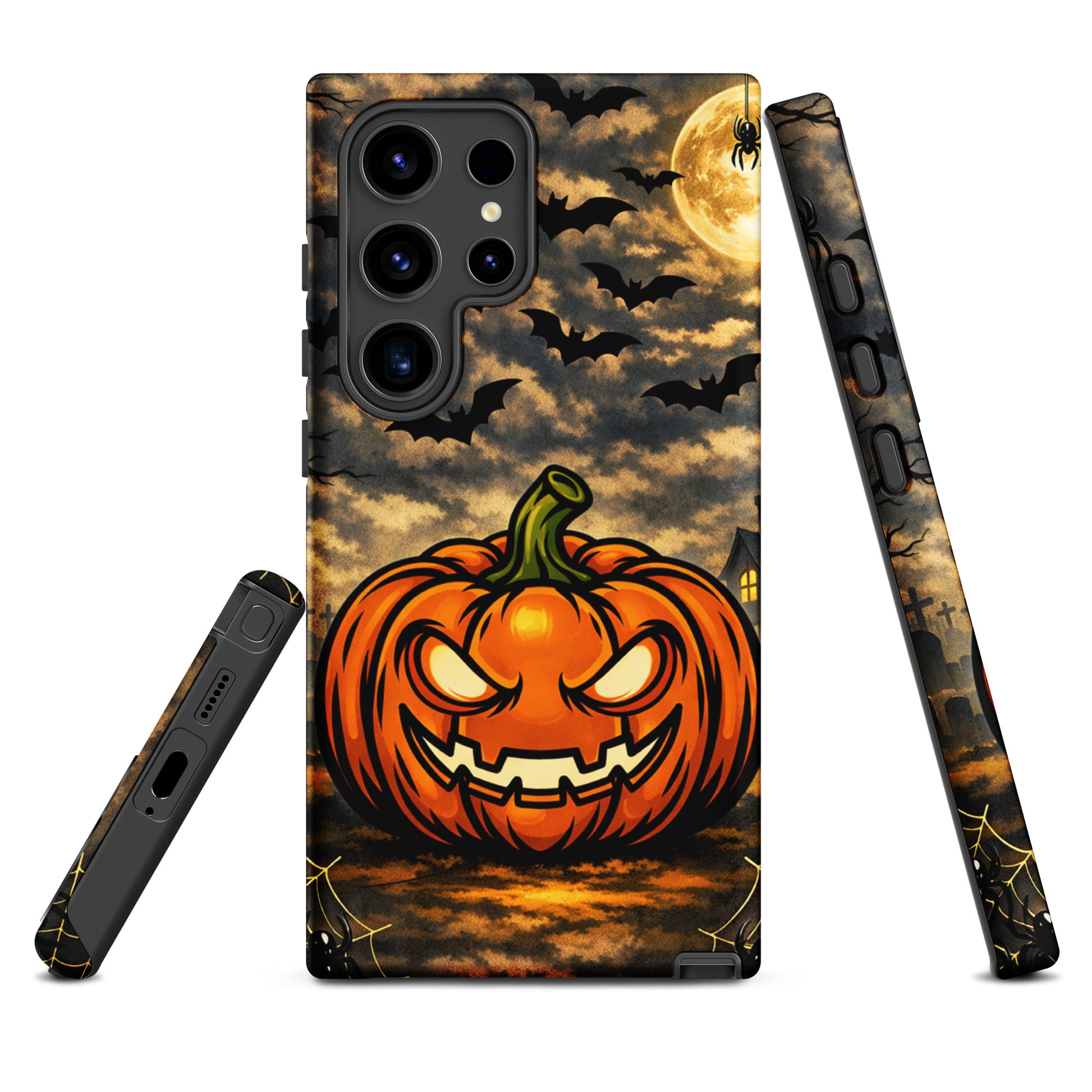 Phone Case for Samsung Galaxy with Halloween scene featuring glowing jack-o’-lantern, bats, moonlit clouds, and haunted house design.