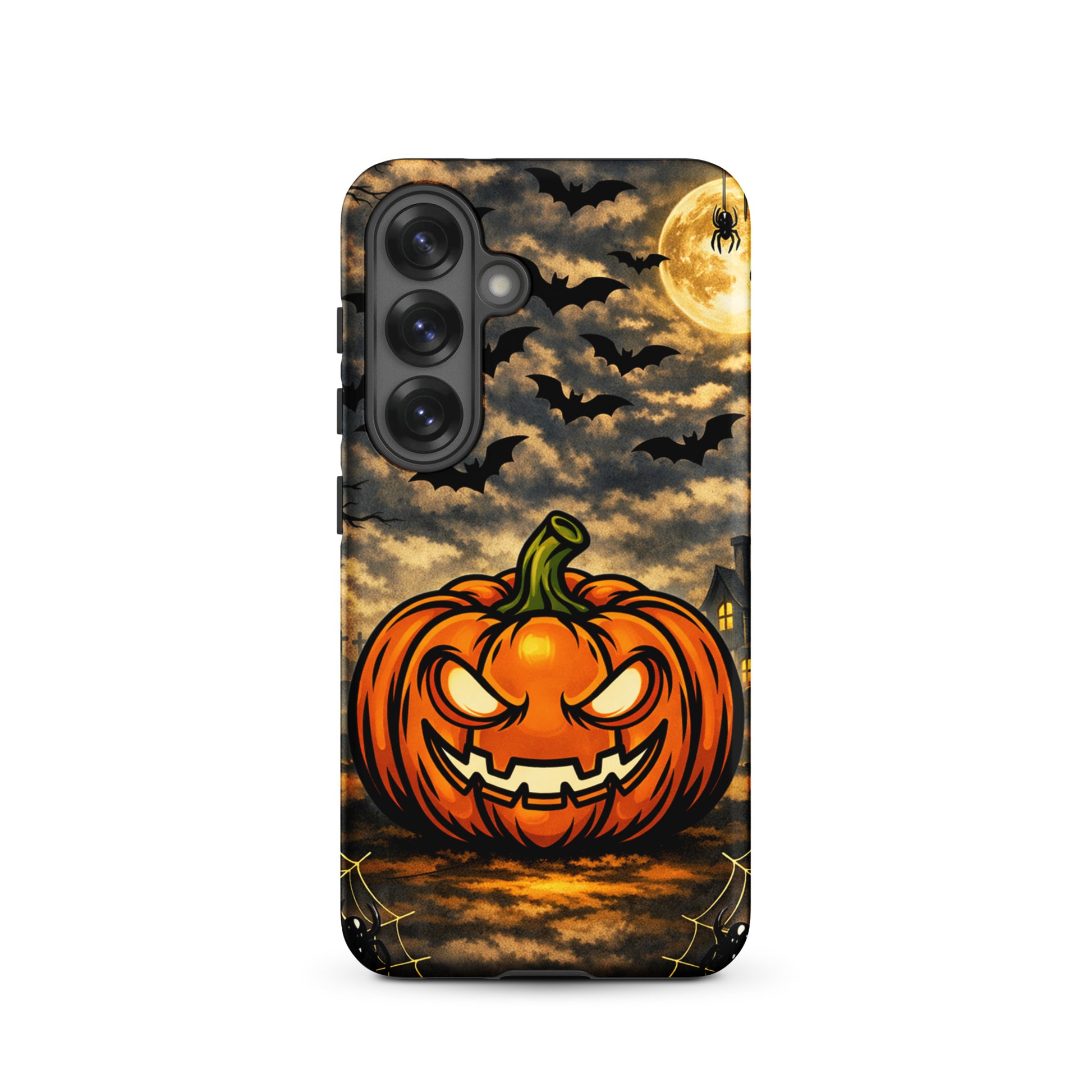 Phone Case for Samsung Galaxy featuring haunted pumpkin, bats, and moonlit Halloween scene with haunted house.