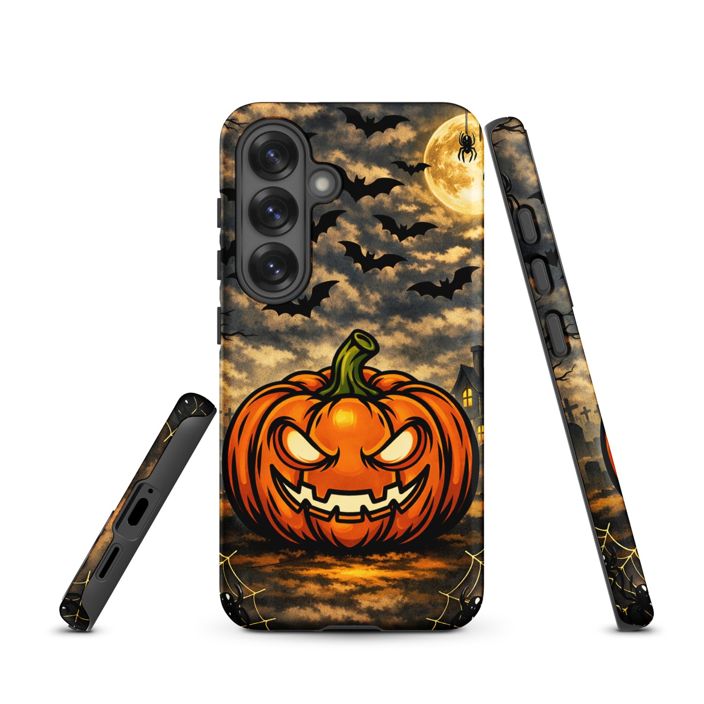 Phone Case for Samsung Galaxy featuring haunted pumpkin, moonlit bats, and haunted house Halloween design.