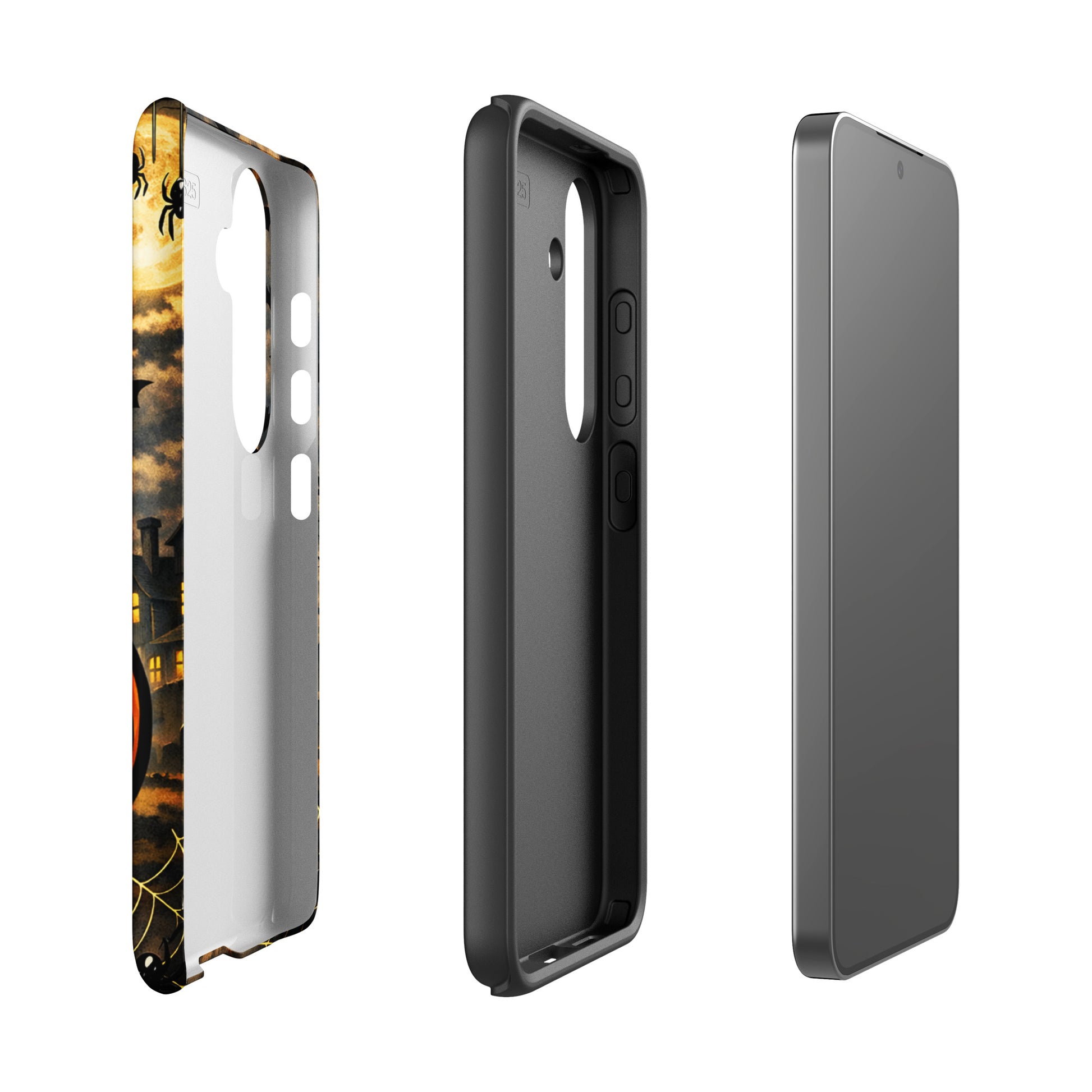 Phone Case for Samsung Galaxy with haunted pumpkin and moonlit Halloween design featuring jack-o'-lantern and bats.