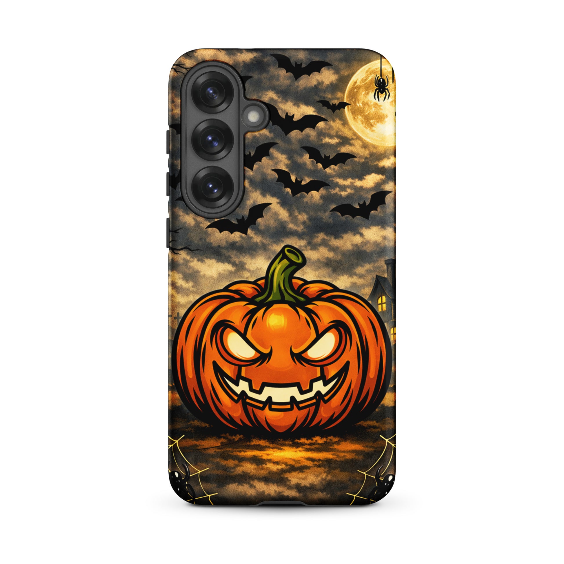 Phone Case for Samsung Galaxy with haunted pumpkin, bats, and moonlit Halloween scene.