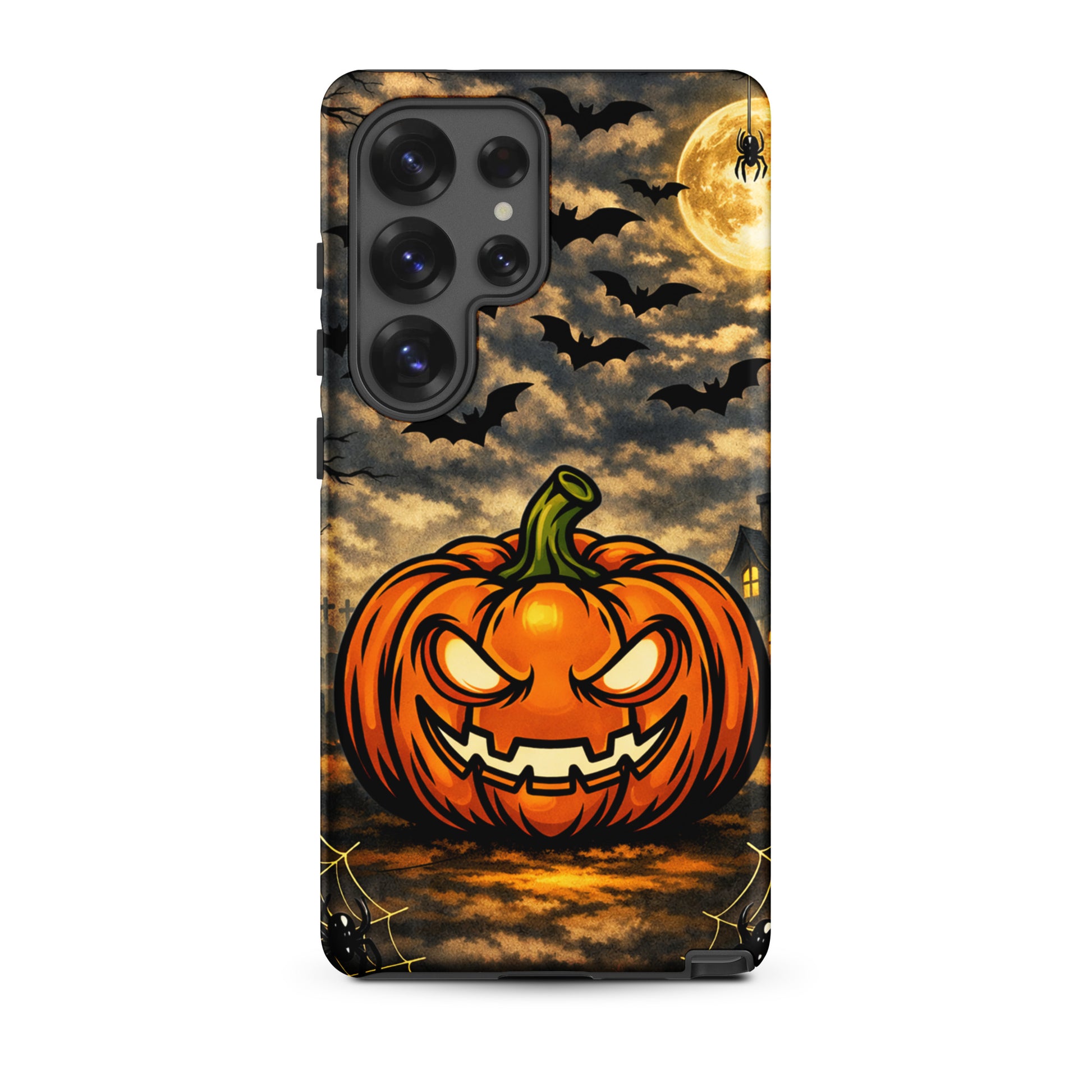 Phone Case for Samsung Galaxy with haunted pumpkin and bats under a moonlit sky, perfect for Halloween.