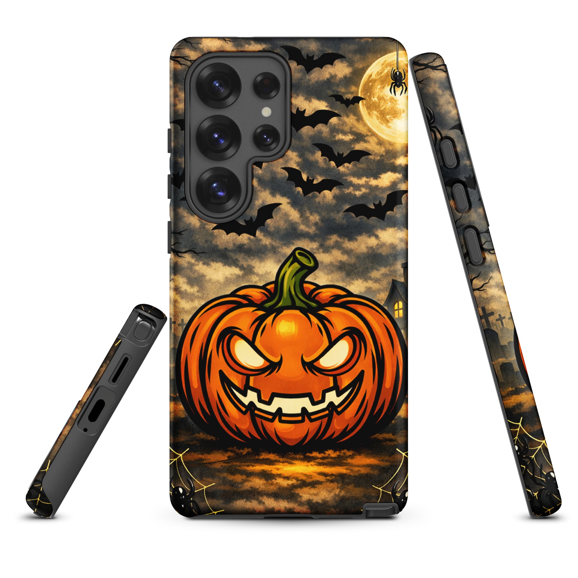 Phone Case featuring a haunted Halloween pumpkin with bats, moonlit clouds, and haunted house design for Samsung Galaxy.