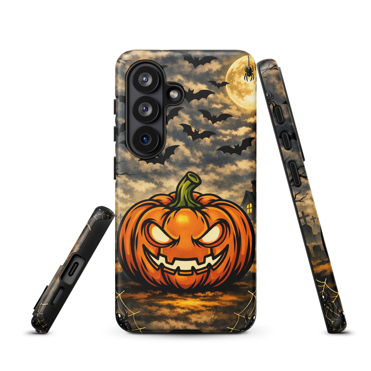 Phone Case for Samsung Galaxy with Halloween pumpkin, bats, moon, and haunted house design for a spooky look.