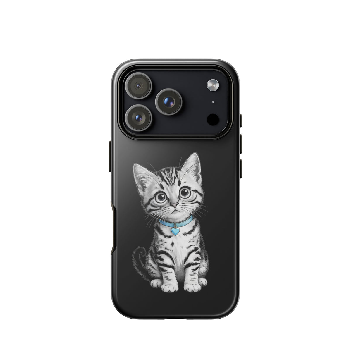Phone Case for iPhone with kitten sketch and blue heart charm