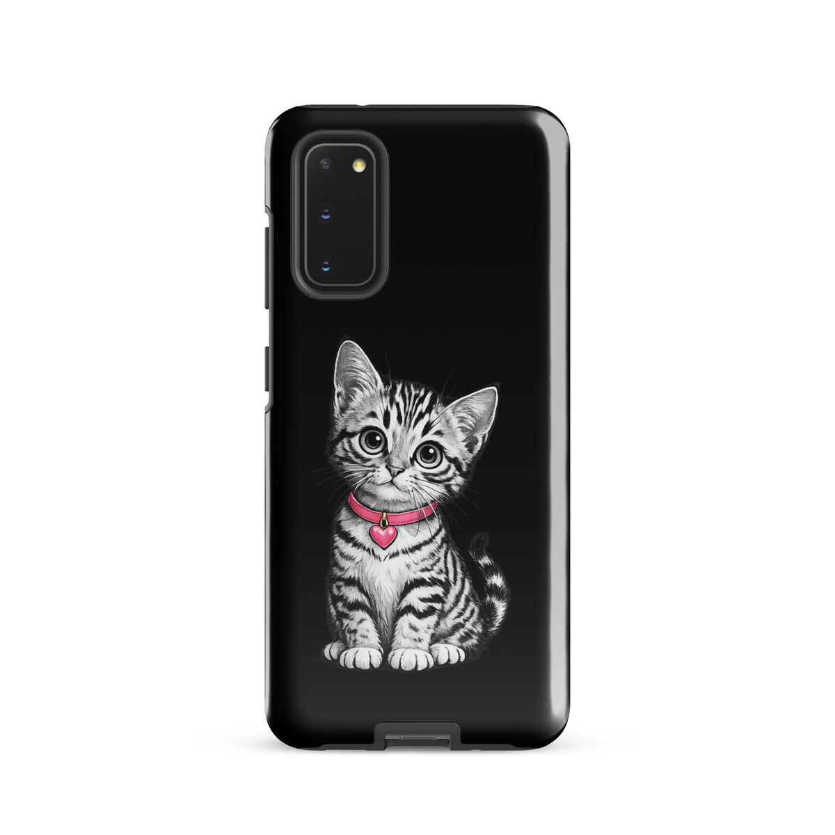 Phone Case for Samsung Galaxy with sketch kitten and pink heart charm design.