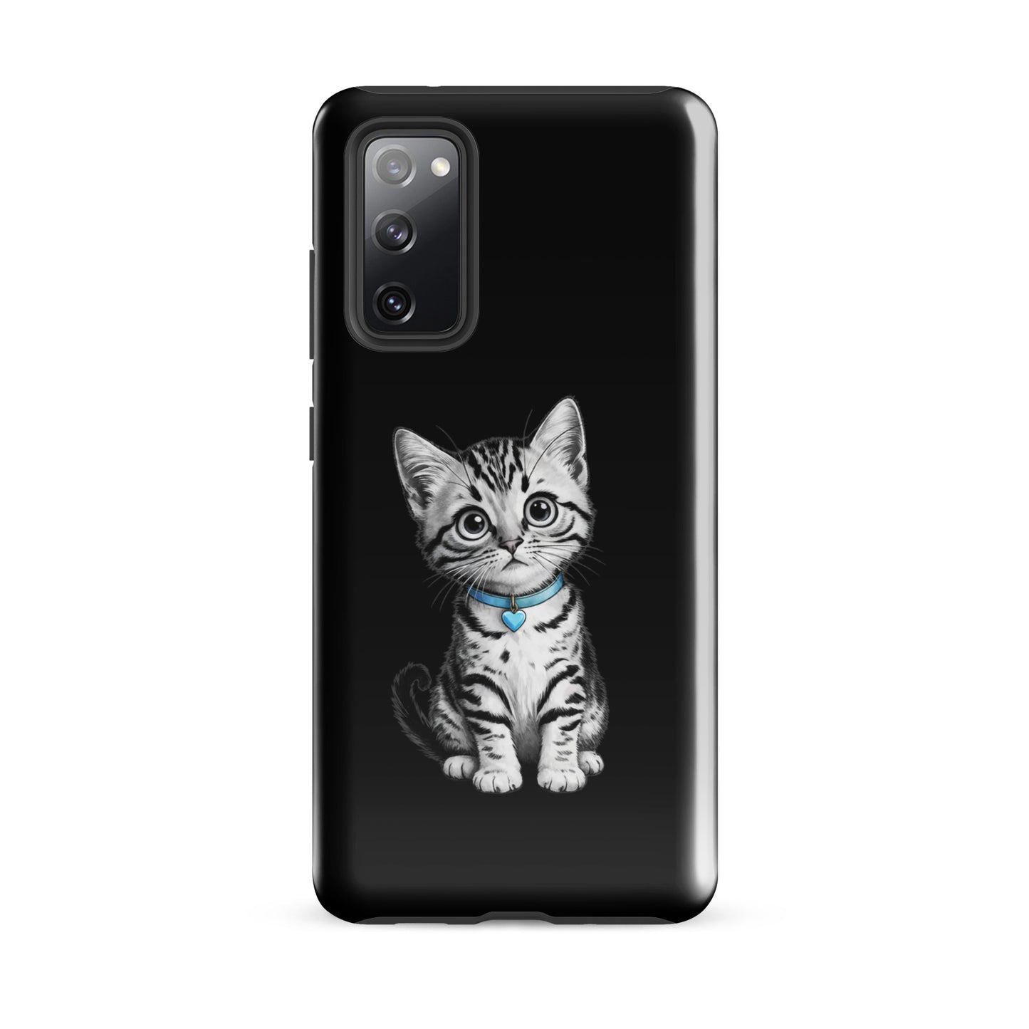 Phone Case for Samsung Galaxy with pencil-sketch kitten and blue heart charm, elegant design on protective cover.