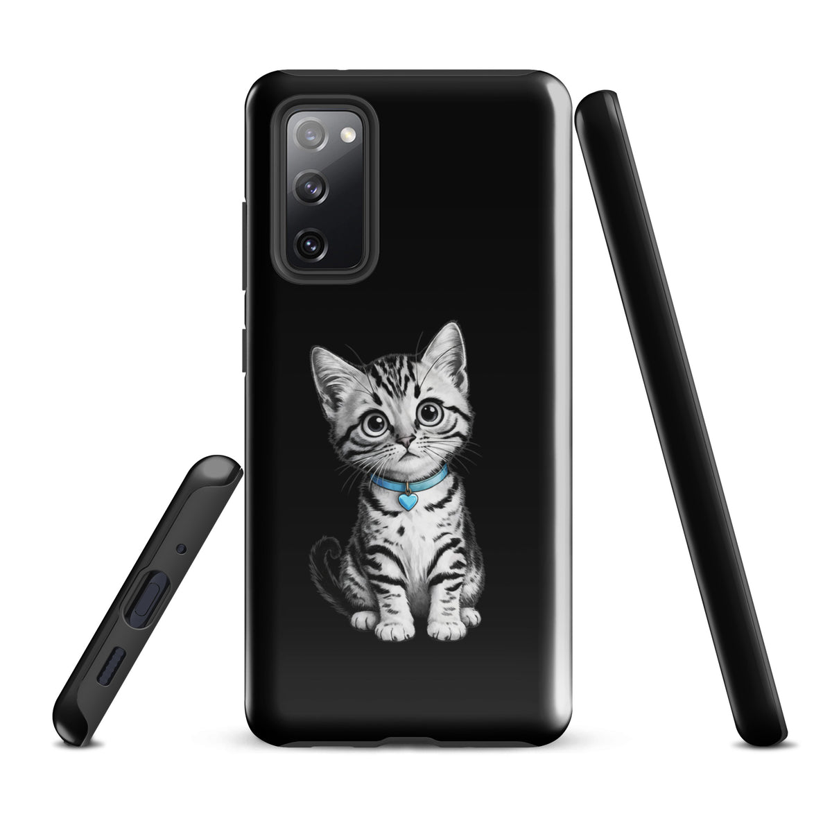 Phone Case for Samsung Galaxy with a sketch of a kitten wearing a blue heart charm collar on a black background.