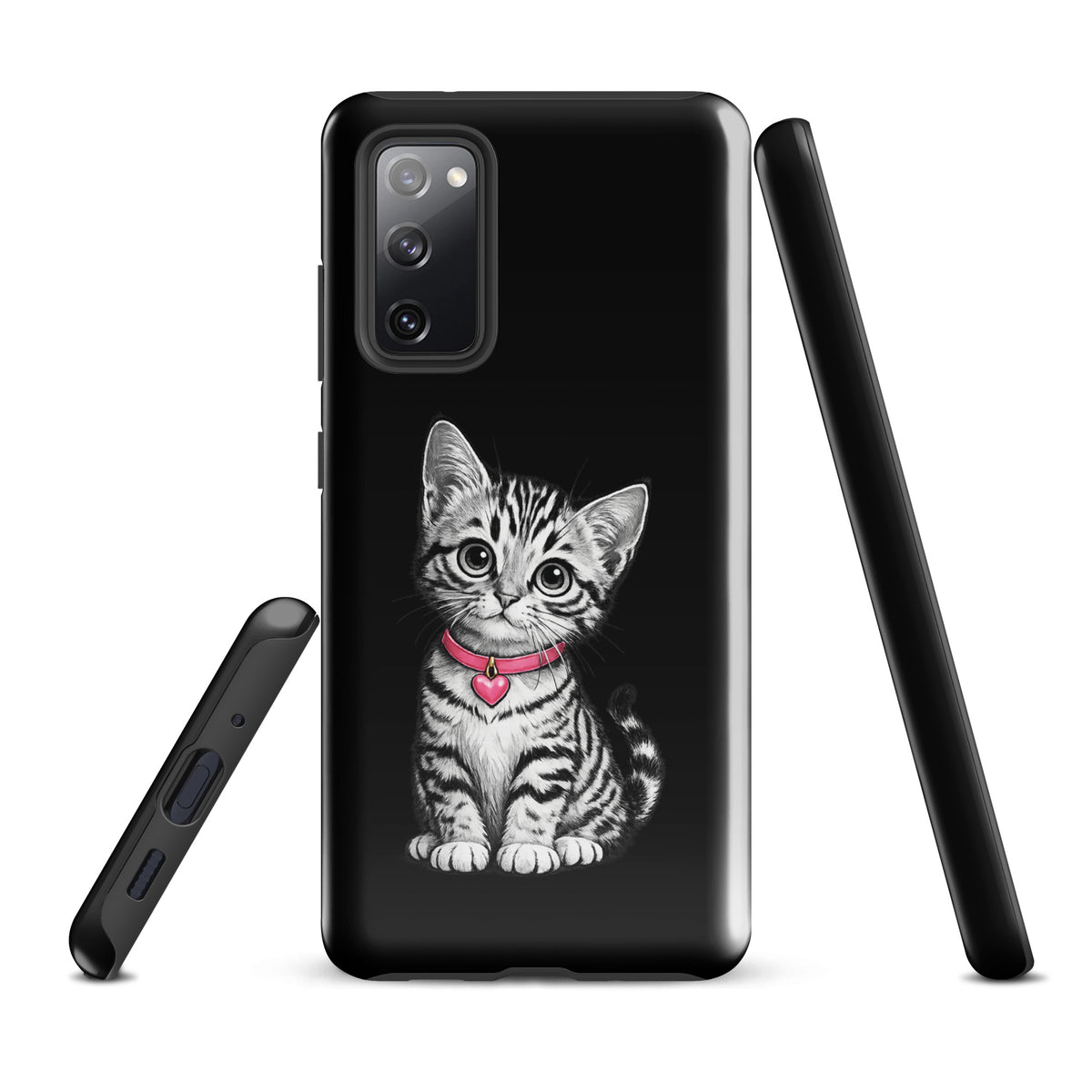 Phone Case for Samsung Galaxy featuring kitten with pink heart charm design.
