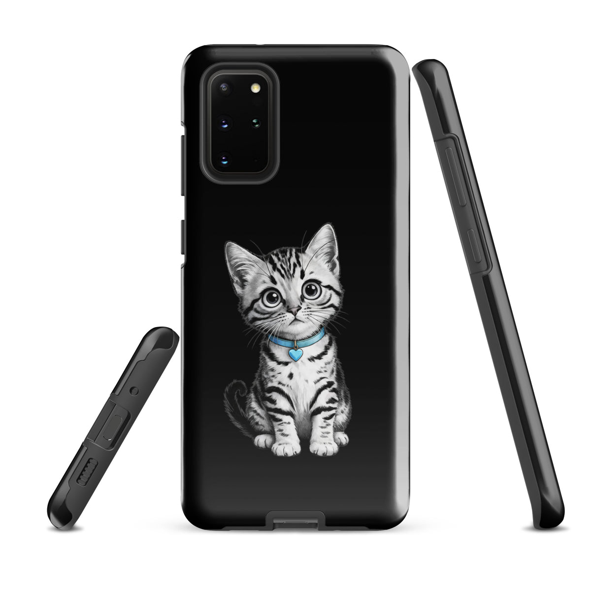 Phone Case for Samsung Galaxy with kitten sketch and blue heart charm